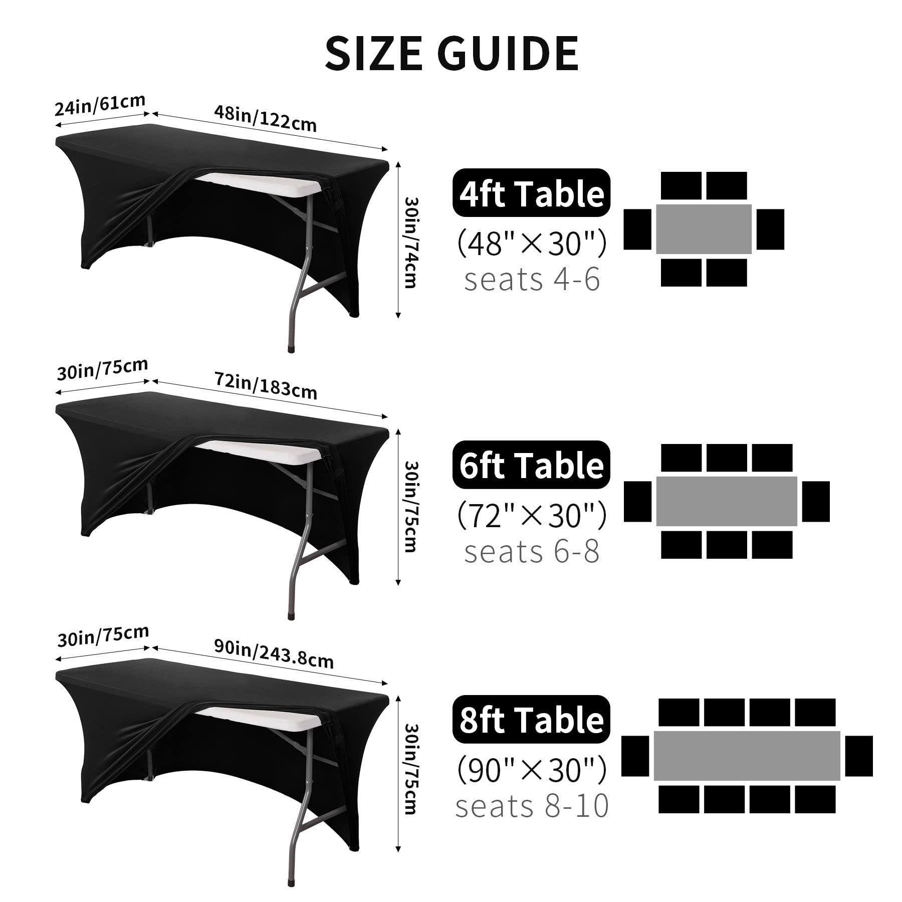 Stretch Spandex Tablecloth 6FT - Elastic Fitted Table Cover for Rectangular Tables | Universal Patio Tablecloth for Wedding, Banquet, Party & Events | Perfect for Outdoor Dining, Picnics & Home Decor (Black, 6FT)