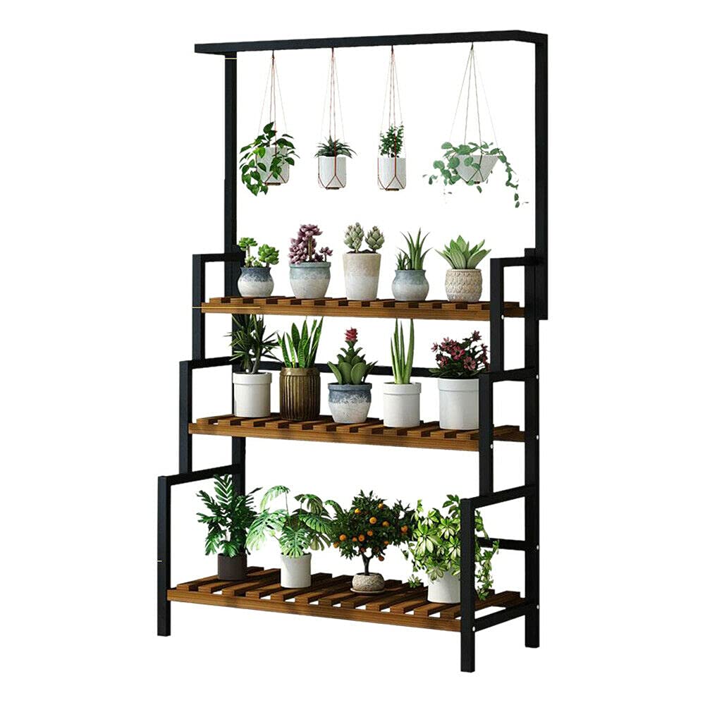 3-Tier Hanging Plant Stand with Metal Frame - Indoor/Outdoor Wooden Plant Shelf for Garden, Balcony & Patio - Perfect for Displaying Flower Pots, Succulents & Herbs