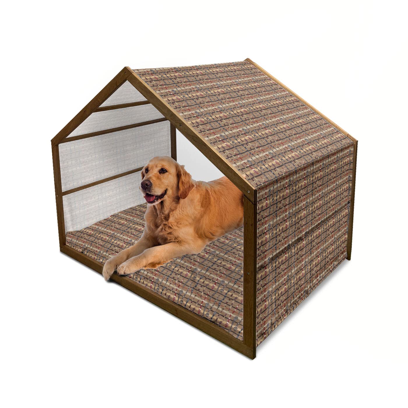 Ambesonne X-Large Multicolor Tribal Wooden Dog House with Pillow & Cover - Indoor & Outdoor Portable Dog Kennel, Wildlife Prehistoric Snake Design, Traditional Oriental Style - Perfect for Backyard, Patio, or Home Decor