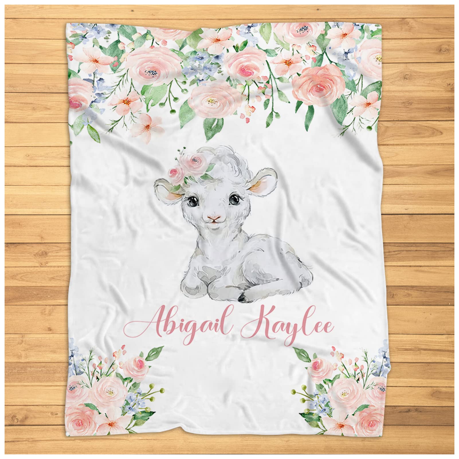 Personalized Baby Girl Blanket with Lamb Design - Farm Theme Floral Sheep Plush Blanket - Super Soft Nursery Bedding with Custom Name - Perfect for Crib, Stroller & Photo Shoots