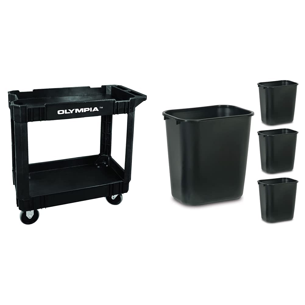 Olympia Tools 2-Shelf Plastic Utility Cart & Rubbermaid Commercial 7-Gallon Plastic Wastebasket Trash Can Set (Pack of 4) - Heavy Duty Storage Cart and Durable Trash Bins for Home, Office, Bathroom, Bedroom, Kitchen, and Commercial Use