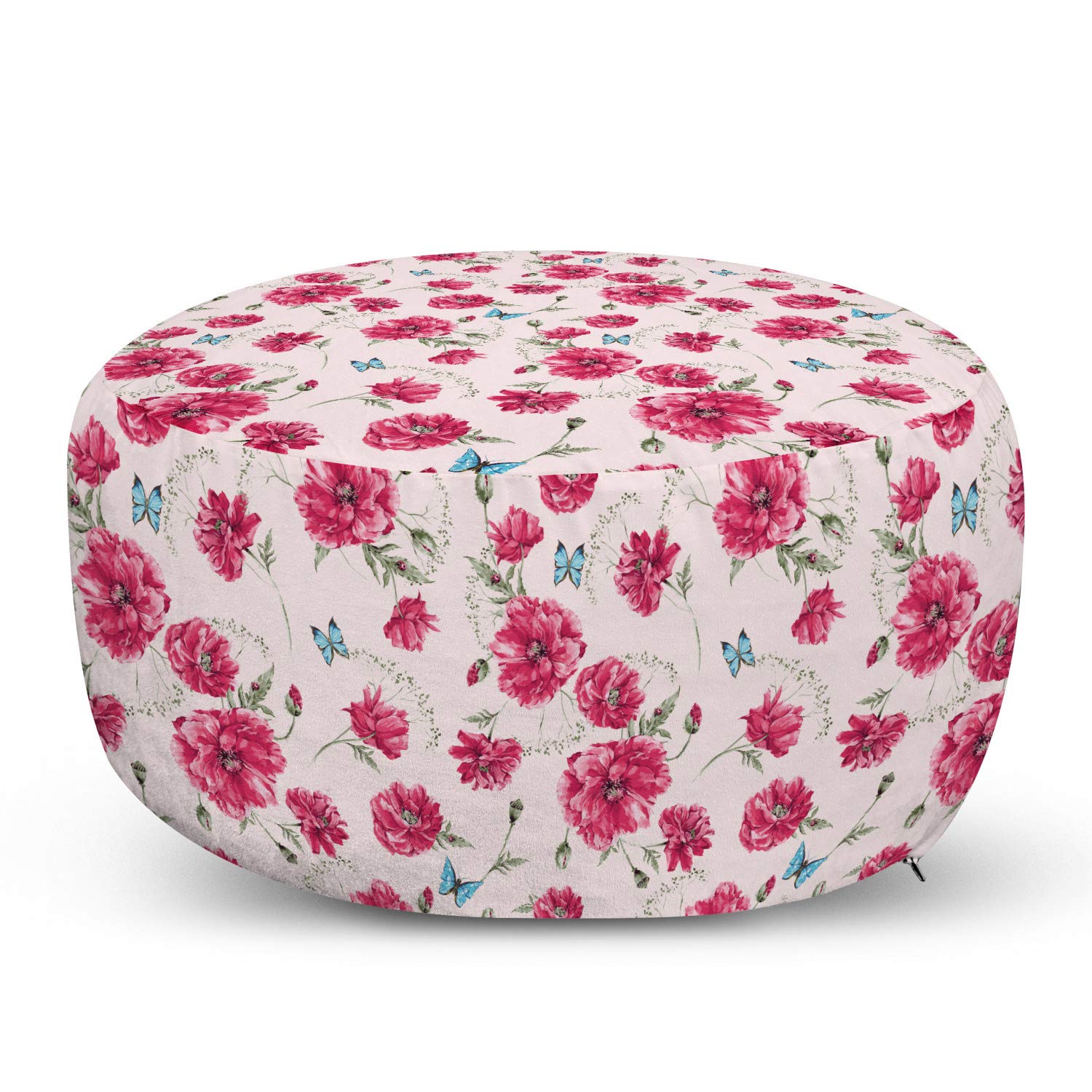 Ambesonne Aqua and Pink Ottoman Pouf - Soft Foot Rest with Removable Cover, Floral Summer Poppies & Butterflies on Pastel Background - Perfect for Living Room, Bedroom & Nursery Decor