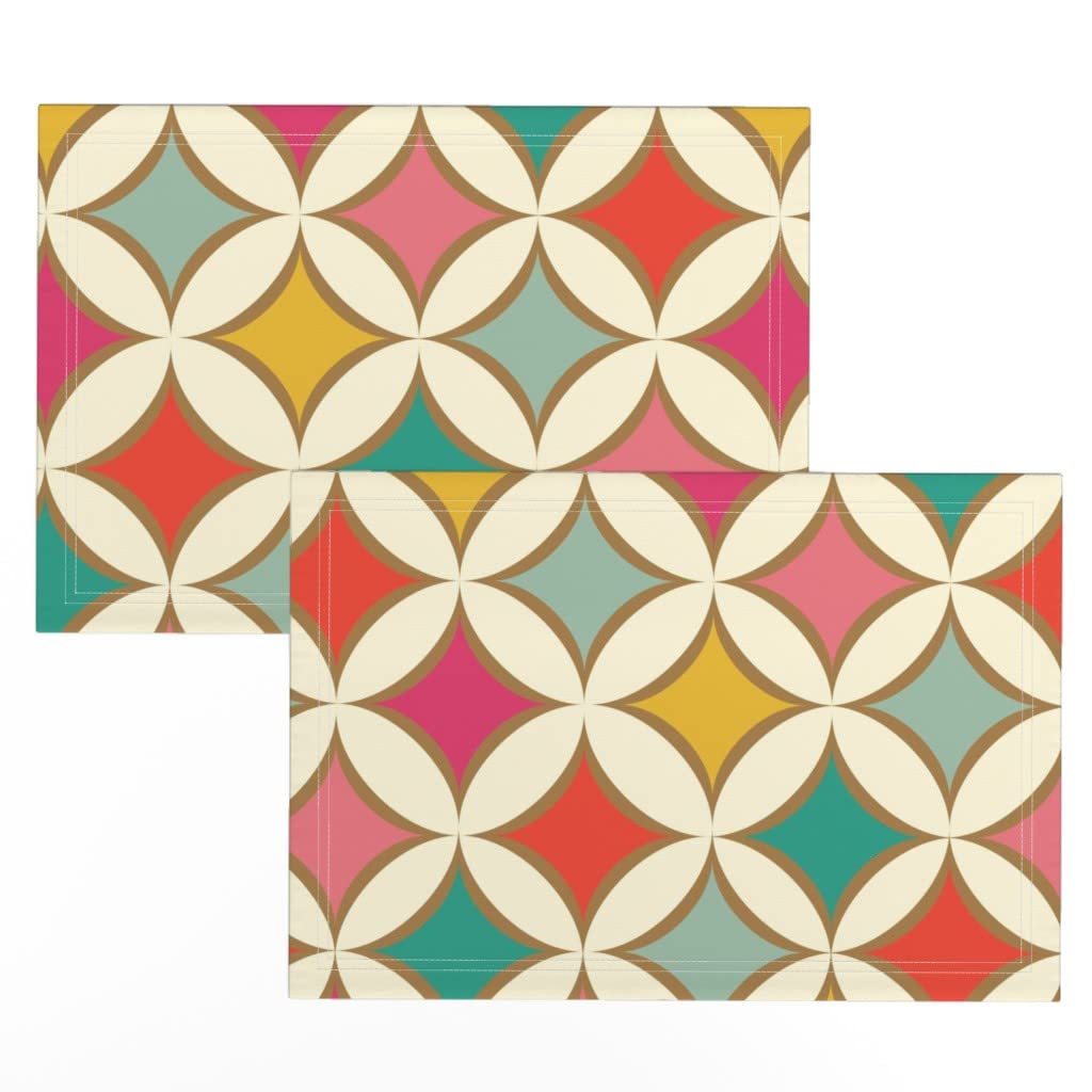 Premium Linen Cotton Canvas Placemats Set of 2 - Modern Geometric Diamond Jewel Pattern in Gold & Color Circles - Washable Table Mats for Dining, Kitchen Decor, and Party Settings