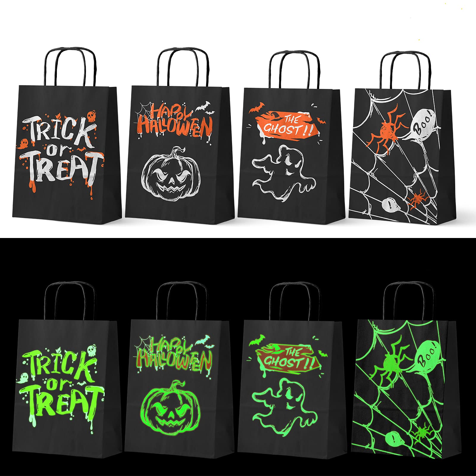 16Pcs Glow in the Dark Halloween Trick or Treat Paper Bags - Party Supplies, Holiday Decorations & Candy Gift Bags for Kids, Classroom & Home Halloween Party Favors