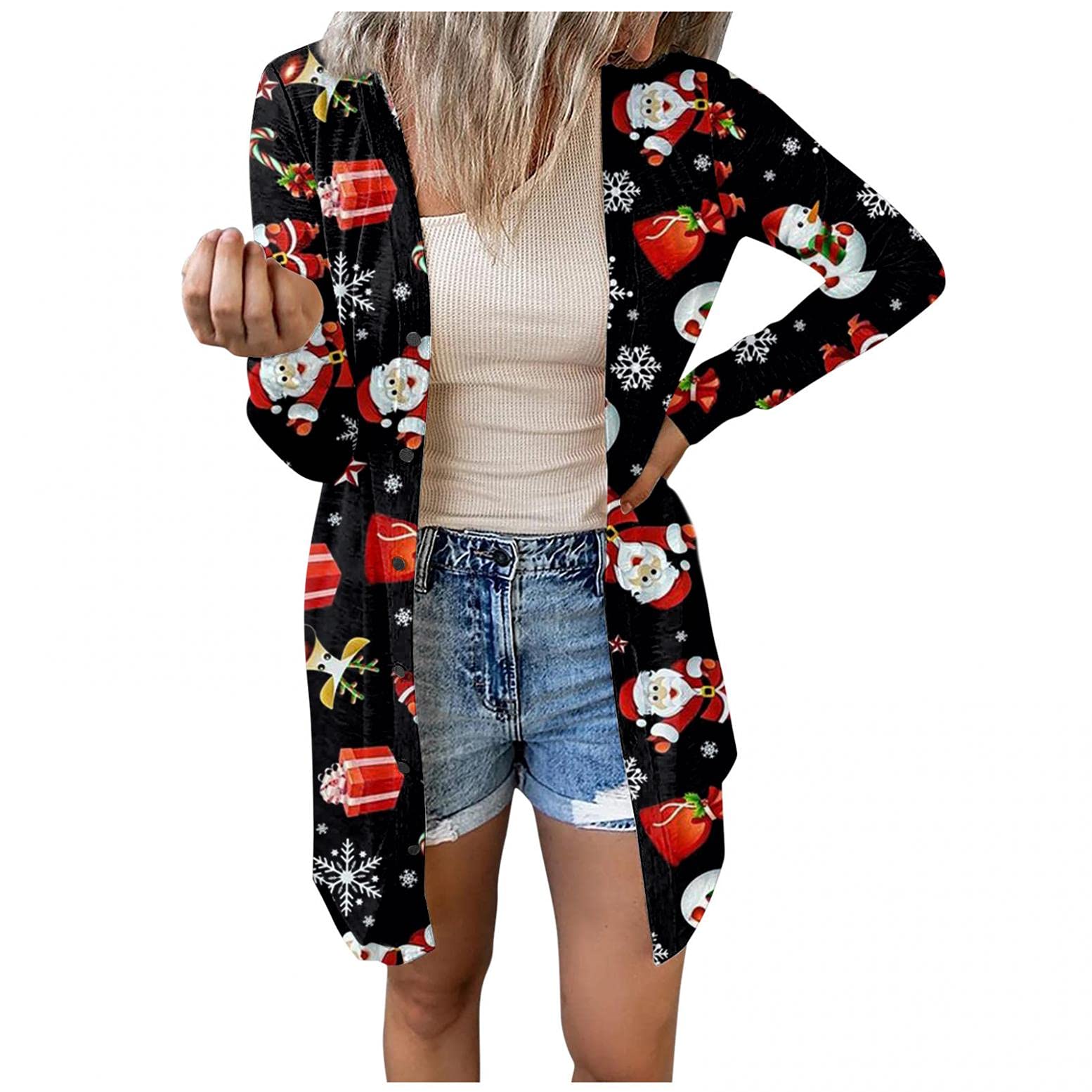 Women's Christmas Knitted Cardigan - Santa Snowman Button Down Open Front Sweater Coat | Cozy Holiday Outwear for Parties, Gifts & Winter Fashion