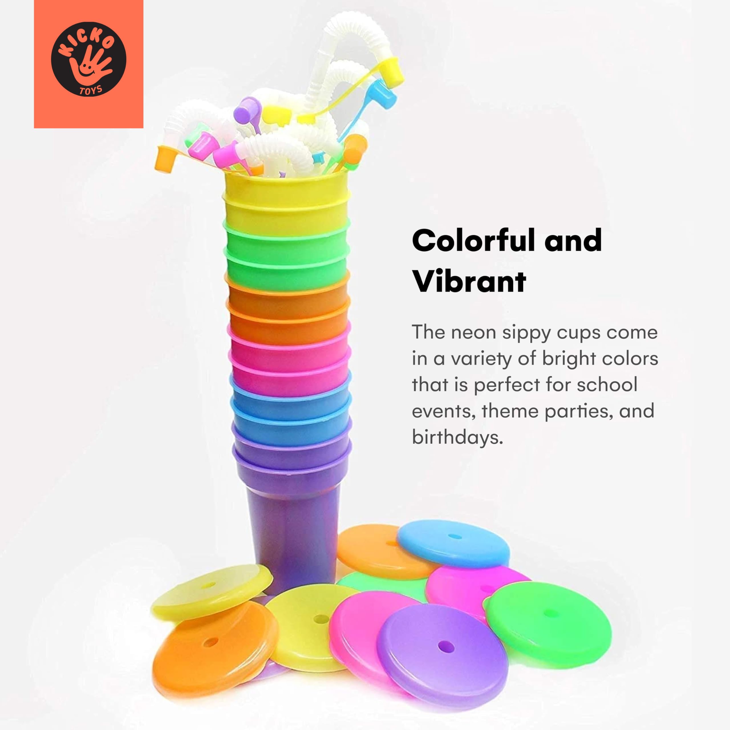Kicko Neon Sipper Cups - 12 Pack, 5.5 Inch 12 Oz Colorful Plastic Cups with Lids & Straws for Kids - Perfect for Birthday Parties, School Events, Poolside Drinks, and Summer Celebrations