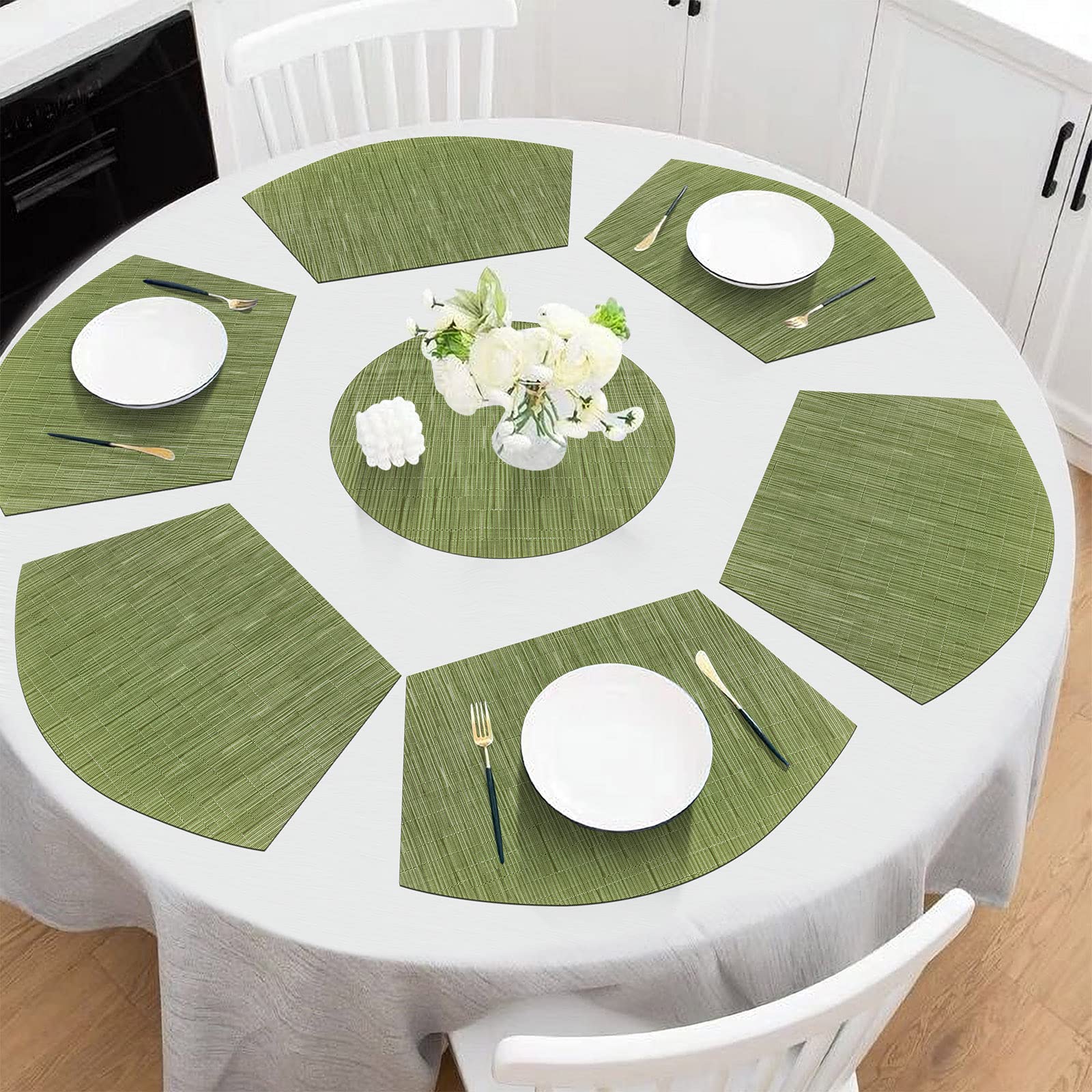 SHACOS 7-Piece Round Table Placemats Set - Heat Resistant Wedge Placemats with Centerpiece Mat, Wipe Clean, Eco-Friendly (Green) - Perfect for Dining Tables, Kitchen Countertops & Party Decorations