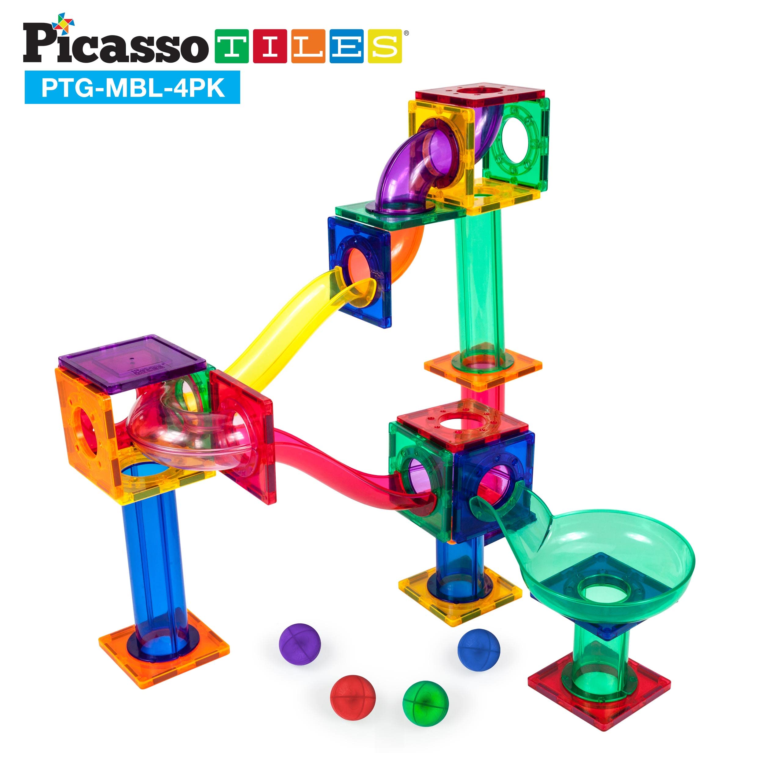PicassoTiles 4-Piece Marble Run Set for Magnetic Building Blocks - STEM Educational Construction Toy with Race Track & Maze for Boys & Girls Ages 3+ - Perfect for Creative Play, Early Learning & Family Game Nights