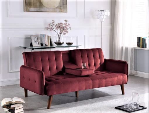 Velvet Upholstered Convertible Folding Futon Sofa Bed - Modern Tufted Sleeper Couch with 2 Cup Holders, 72