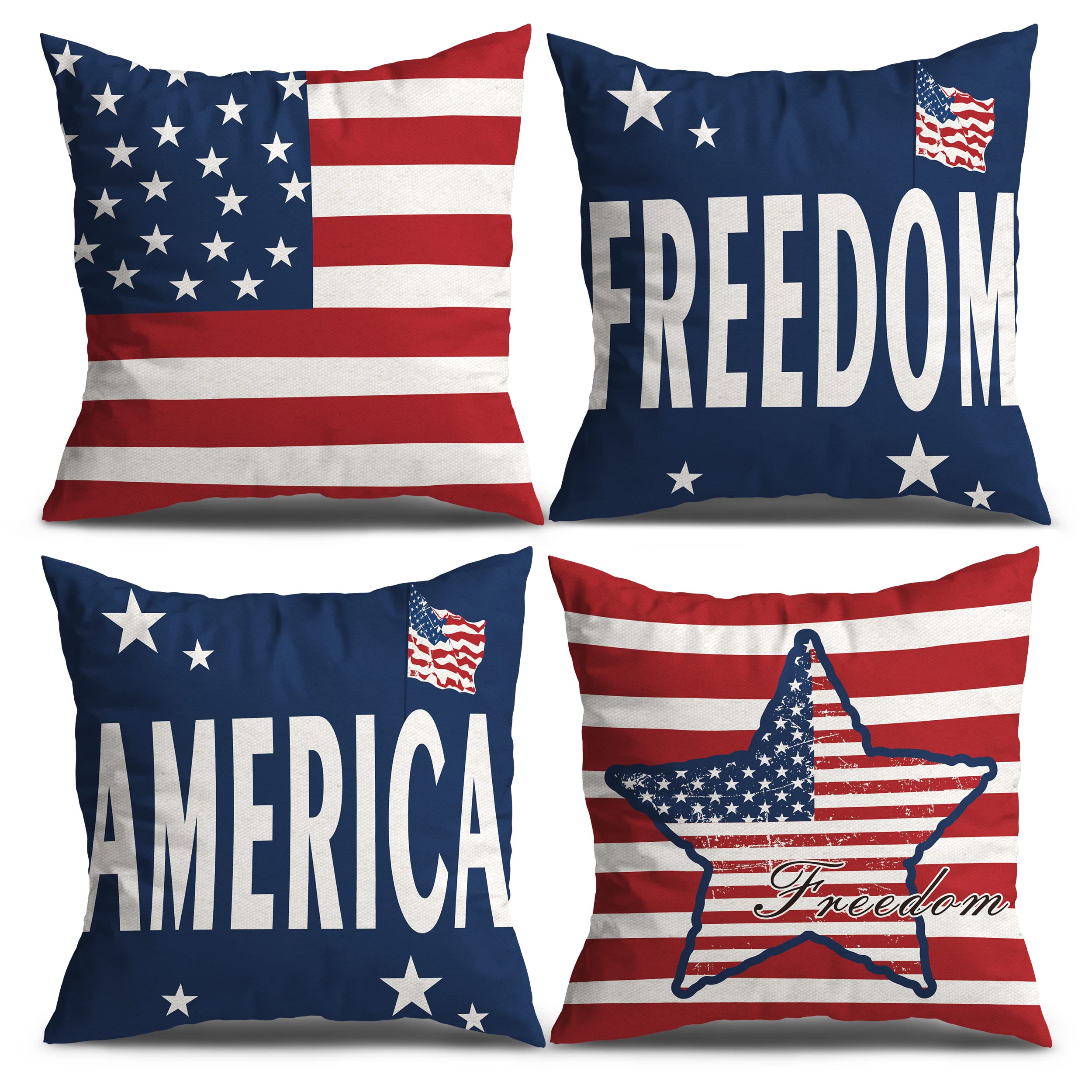 4th of July Patriotic Pillow Covers Set of 4 - 18x18 Inch American Flag Stars and Stripes Throw Pillow Cases for Independence Day & Memorial Day Decor - Perfect for Sofa, Couch & Home Celebration Decorations