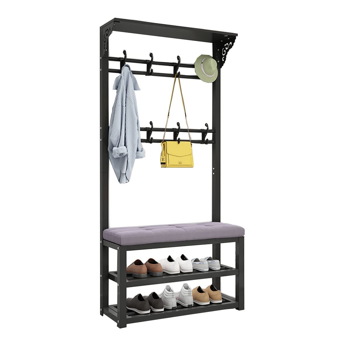 OTBK 3-in-1 Entryway Hall Tree with Shoe Bench & Storage - Metal Frame Coat Rack for Clothes, Shoes, Bags & Umbrellas (Black, 60x30x172cm) - Perfect for Small Spaces, Apartments & Organized Home Entryways