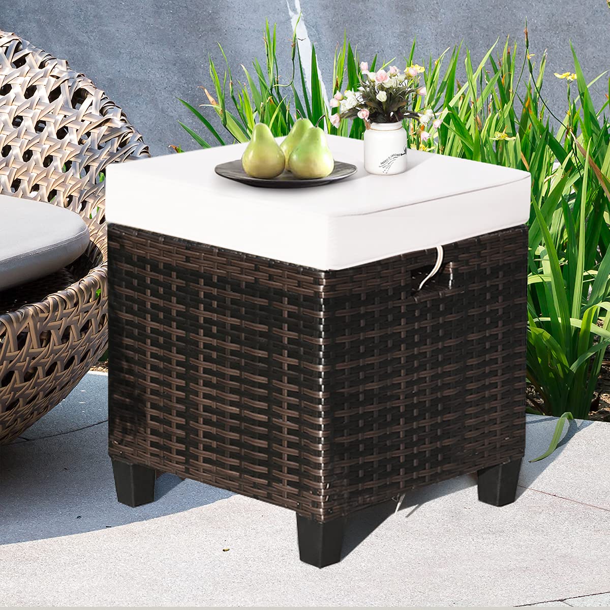 2PCS Rattan Wicker Ottoman Set with Removable Cushions - Patio Footstool Footrest Seat for Outdoor Living, Garden, Backyard & Home Decor (Cream) | Perfect for Relaxing, Coffee Tables, and Lounge Chairs
