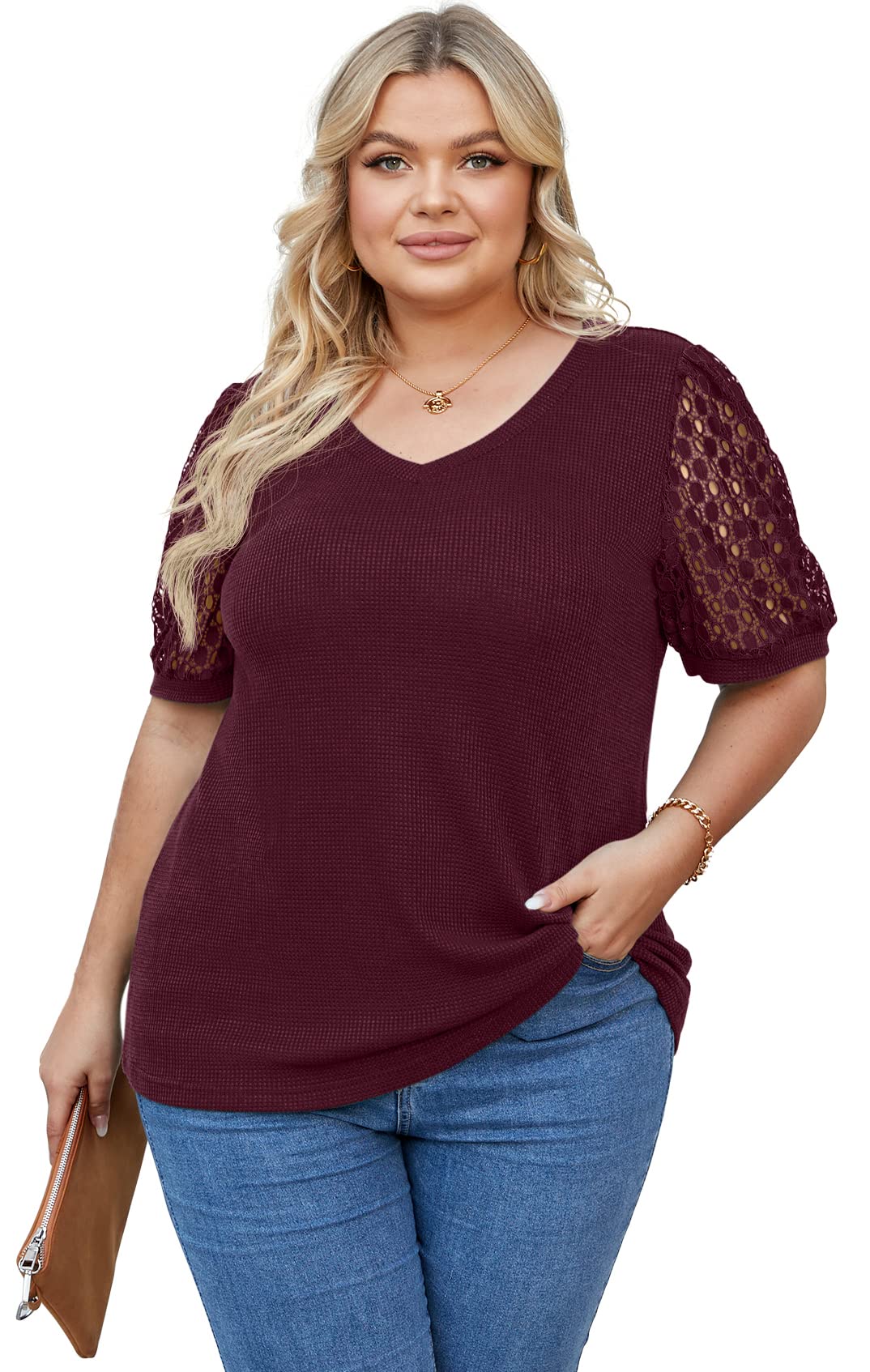 OLRIK Plus Size Tops for Women - Summer Blouse Waffle Knit Short Sleeve Lace Shirts | Casual Wear, Office Outfits & Date Night Fashion