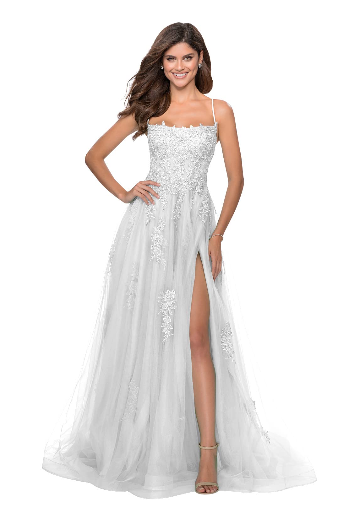 Elegant Women's Spaghetti Strap Lace Long Prom Dress with High Slit & Beaded Details - Formal Evening Gown for Ball, Homecoming, Wedding & Special Occasions
