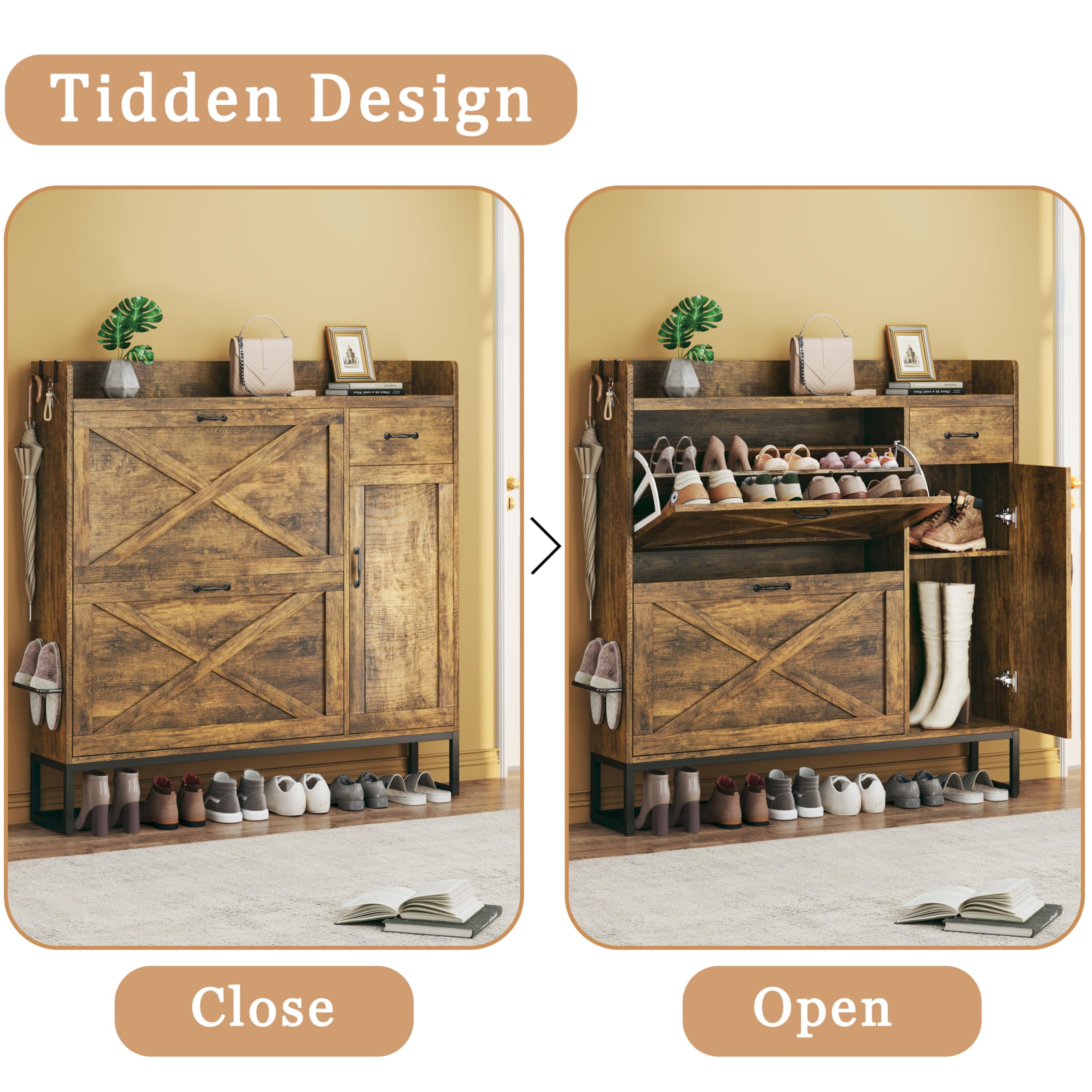 Freestanding Shoe Storage Cabinet with 2 Flip Drawers & Side Cabinet - Adjustable Shelves Shoe Organizer for Entryway, Hallway, Living Room - Brown Wooden Shoe Rack for Home Organization & Closet Storage