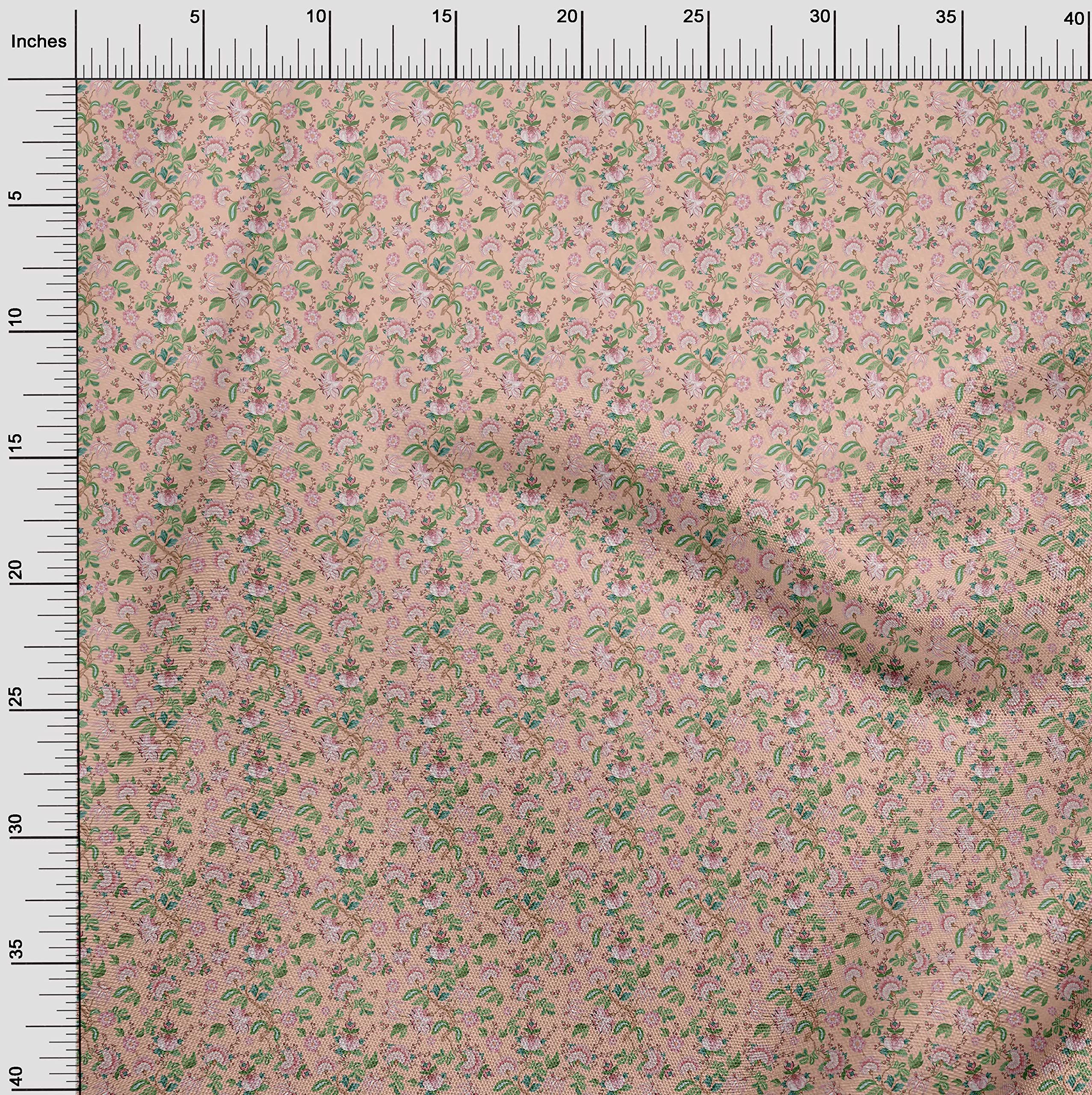 Premium 100% Cotton Poplin Fabric - Pink Salmon Jacobean Floral Print Dress Material (42