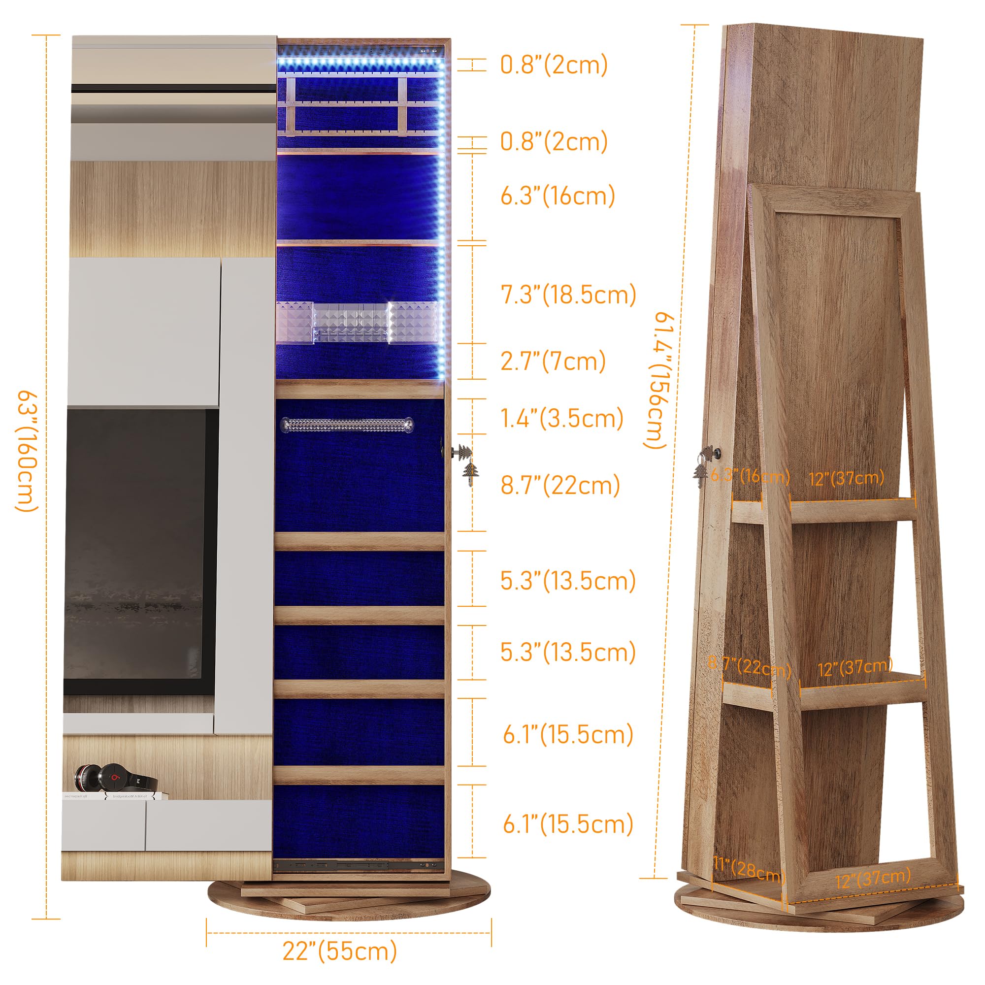 360° Swivel Jewelry Mirror Cabinet with LED Lights - 63
