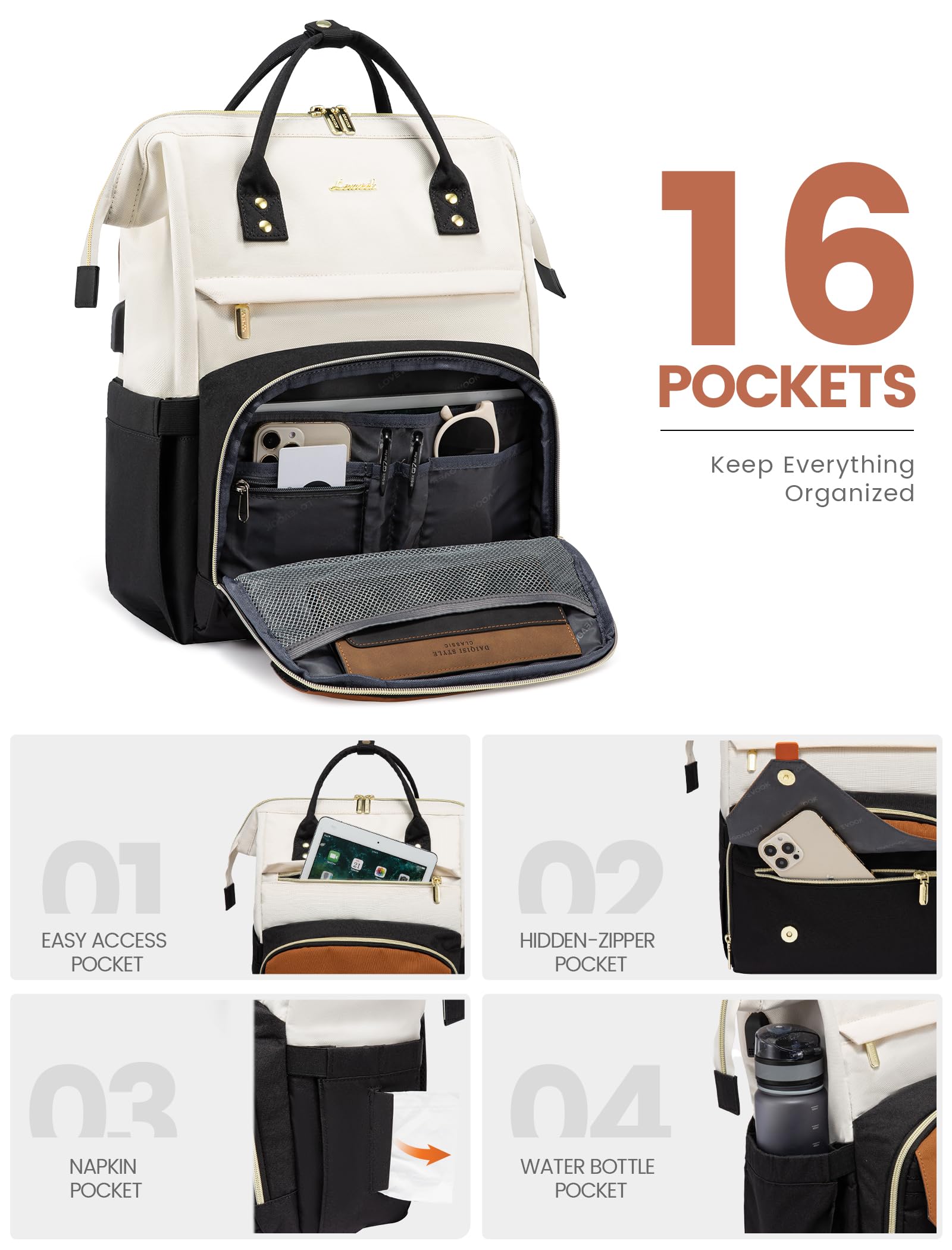 LOVEVOOK Women's Waterproof Laptop Backpack - 15.6 Inch Work Travel Bag for College, Office & Professionals (Teacher, Doctor, Nurse) - Stylish & Durable Purse Backpack in Black, Beige & Brown - Perfect for Commuting, Business Trips & Campus Life