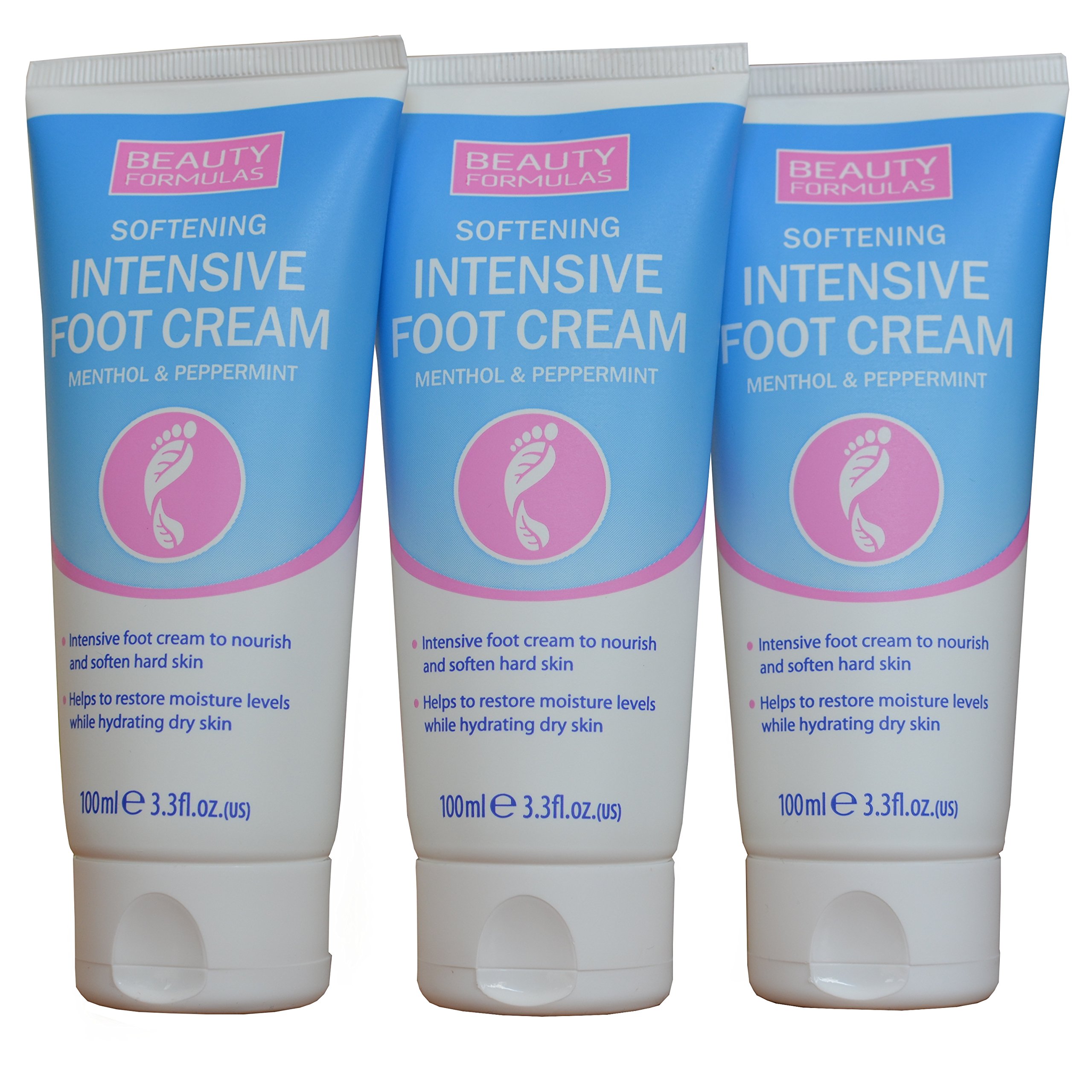 THREE PACKS of Beauty Formulas Intensive Foot Cream 100ml - Ultra Hydrating Foot Moisturizer for Dry Cracked Heels - Perfect for Pedicures, At-Home Foot Care & Overnight Treatment