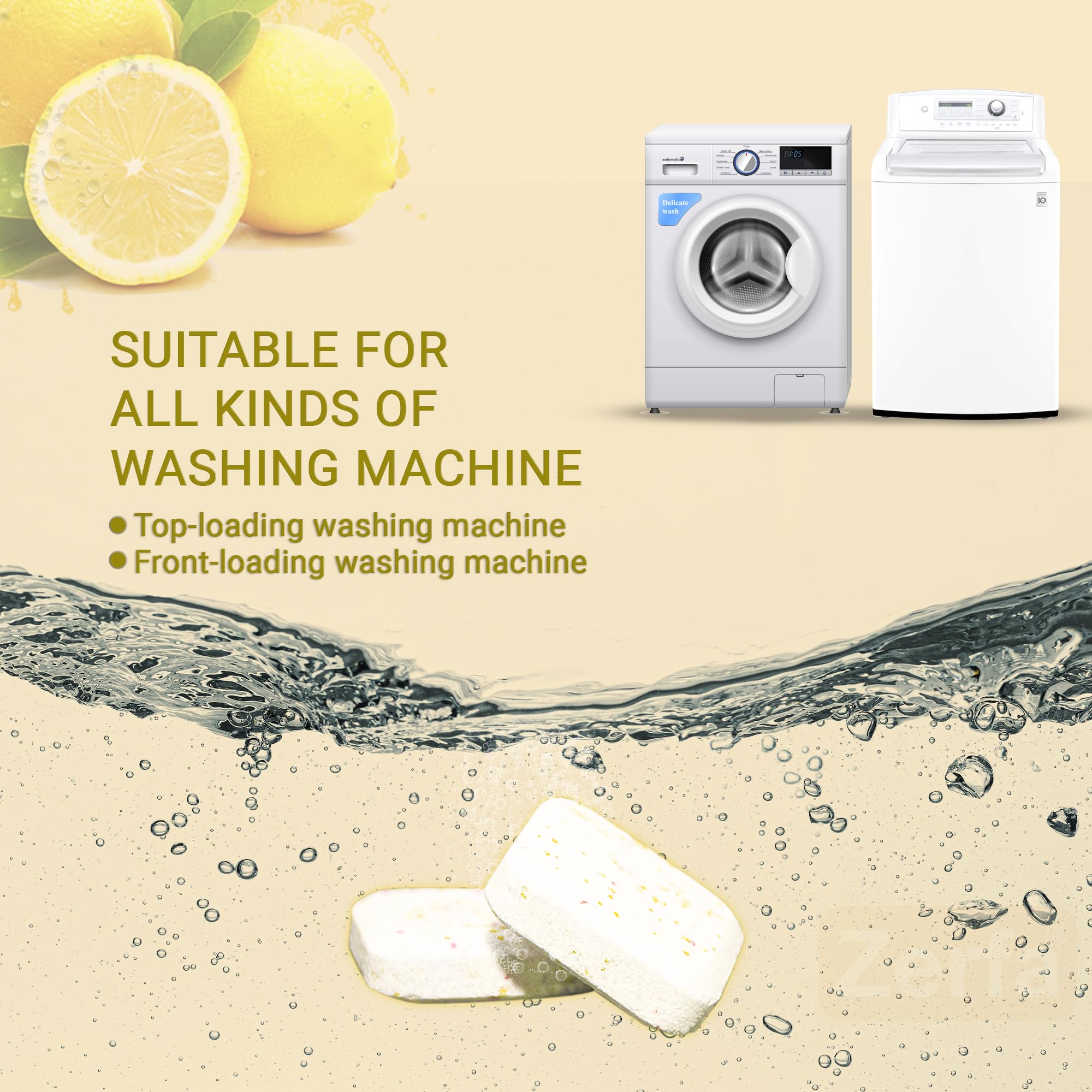 Zerfa 36-Pack Lemon Scented Washing Machine Cleaner Tablets - Powerful Descaling & Stain Remover for Front & Top Load Washers - Freshens Laundry & Eliminates Odors for Cleaner Clothes