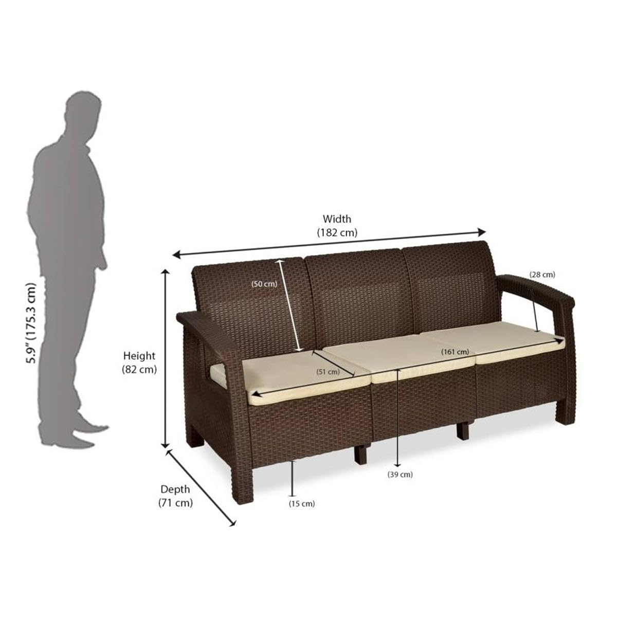 Nilkamal Goa 3-Seater Balcony Sofa with Cushion - Weather-Resistant Indoor & Outdoor Patio Furniture Set - Perfect for Gardens, Poolside, Cafes, Restaurants, and Terraces in Weathered Brown | Ideal for Relaxing, Entertaining, and Outdoor Dining