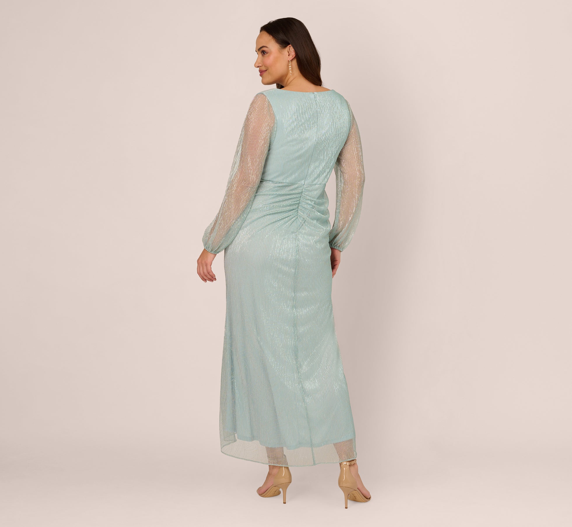 Elegant Plus Size Crinkle Metallic Gown with Sheer Bishop Sleeves & Draped Details - Mint Smoke Formal Dress for Women | Perfect for Evening Galas, Prom, Weddings & Special Occasions