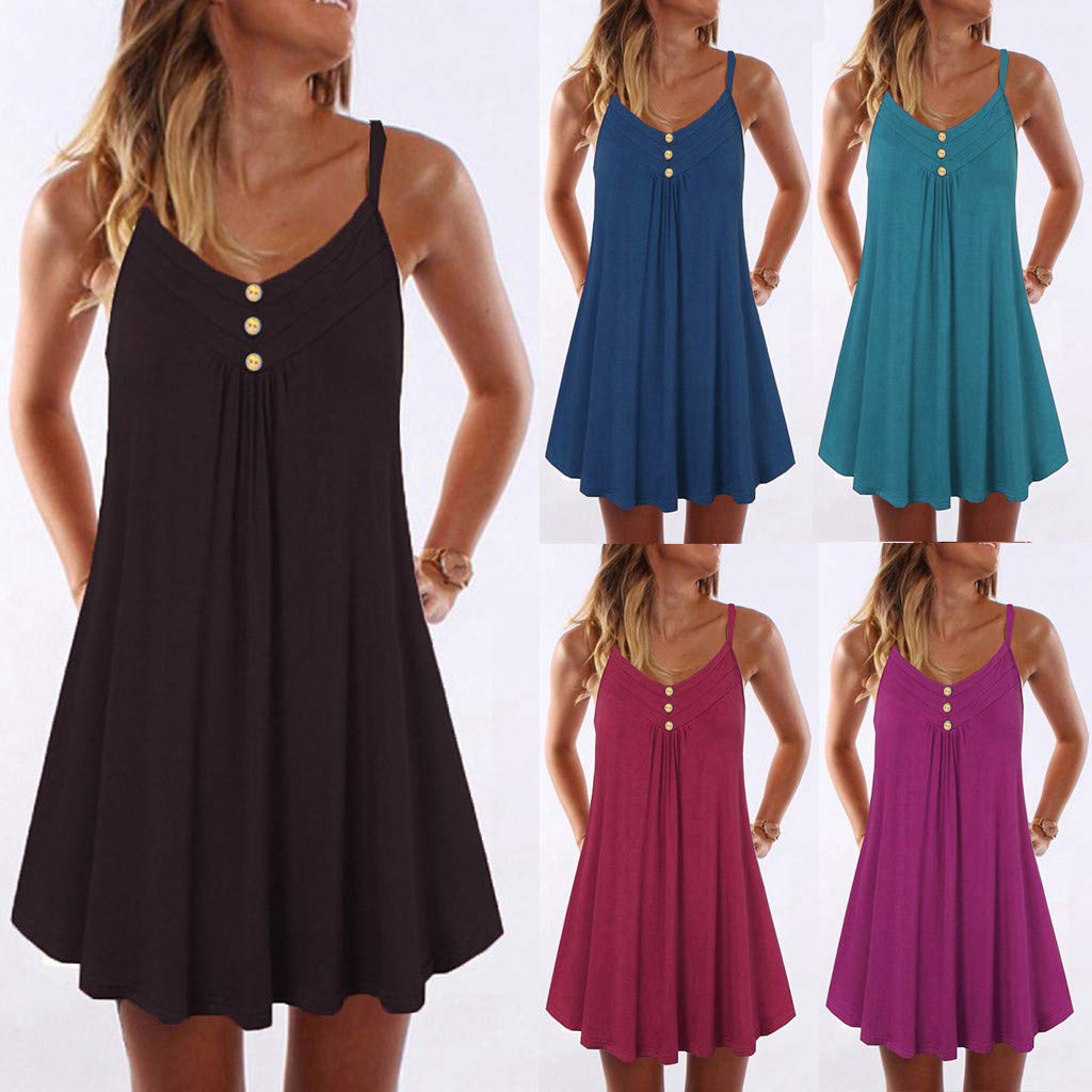 COOKI Women's Sleeveless Spaghetti Strap Solid Color Mini Dress - Casual Boho T-Shirt Dress in Hot Pink | Perfect for Summer Outings, Beach Vacations & Date Nights