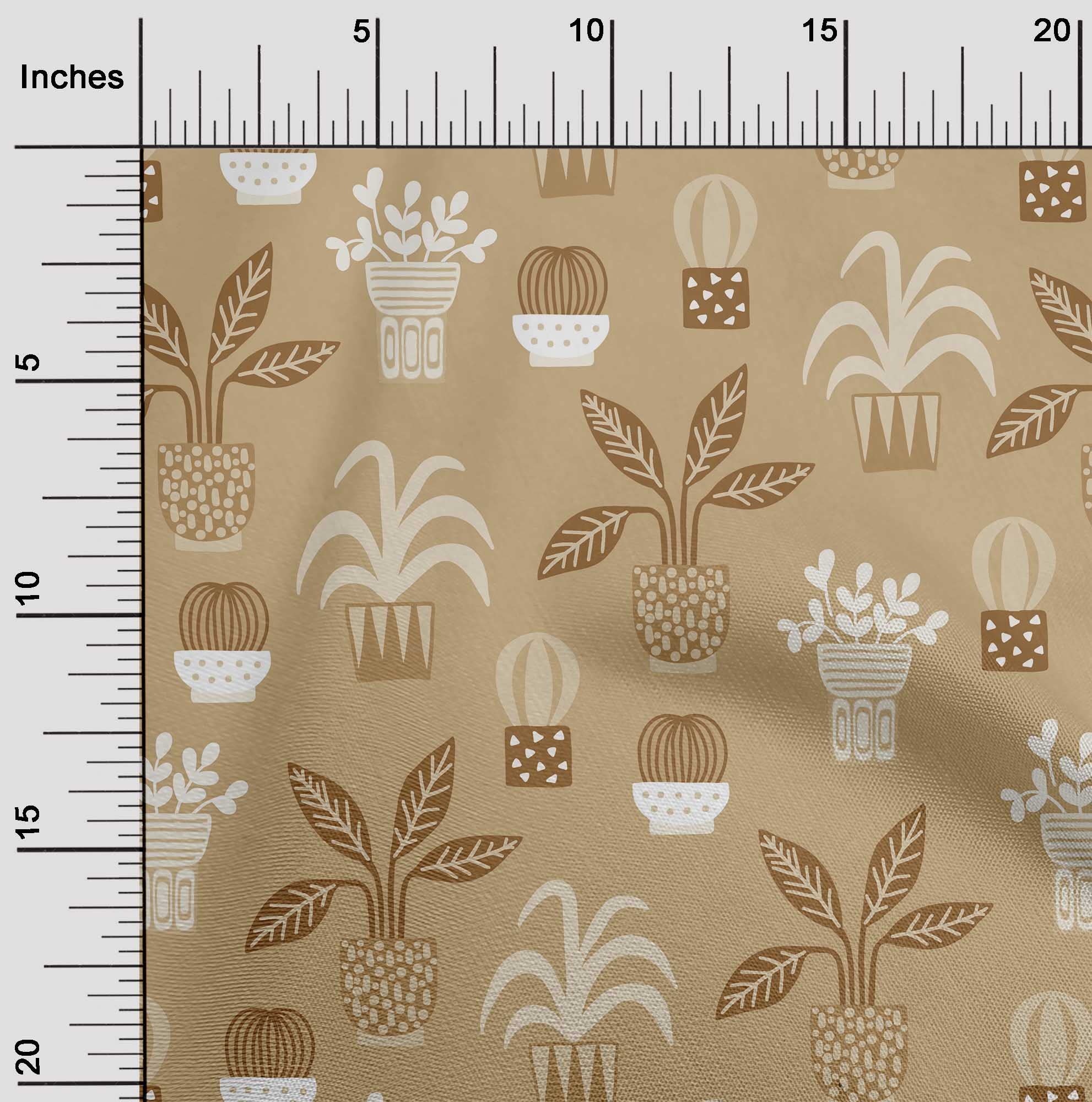 Premium 100% Cotton Poplin Twill Fabric - Light Brown with Floral Pot Motif Print | 56 Inch Wide by The Yard | Perfect for Sewing, DIY Crafts, Home Decor & Quilting Projects