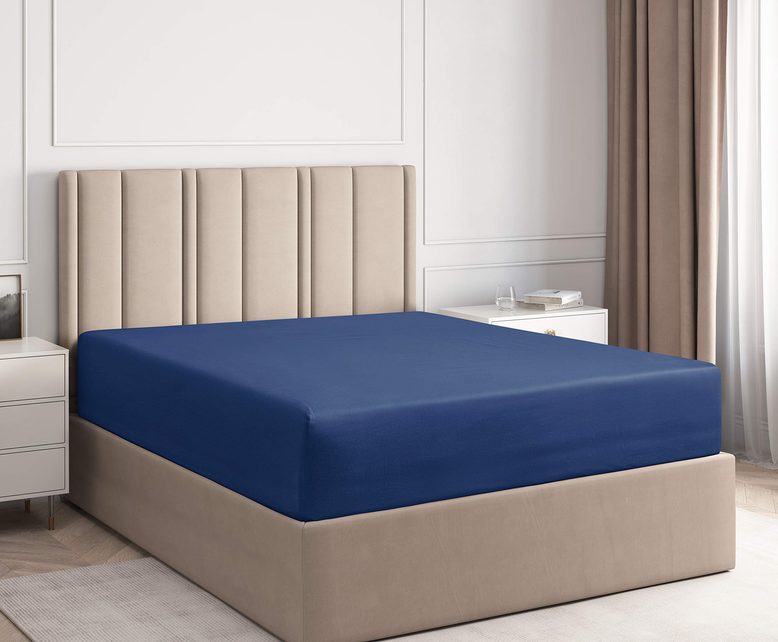 Premium 600 Thread Count 100% Long Staple Cotton Fitted Sheet - Twin XL Size, Navy Blue, Extra Soft & Deep Pocket (Fits Mattress Up to 15