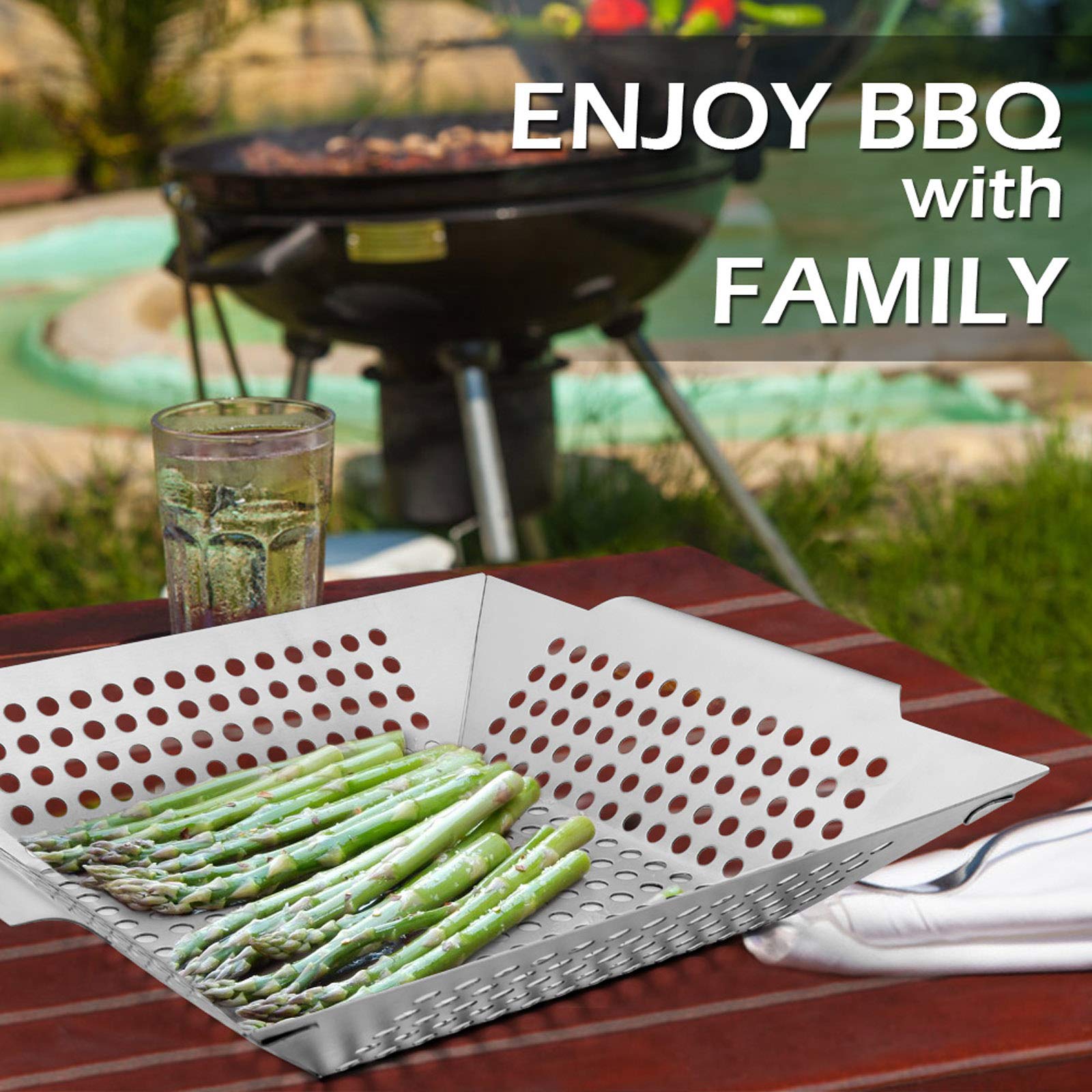 8” Stainless Steel Grilling Basket Set of 2 - Heavy Duty BBQ Grill Wok for Vegetables, Kabobs, Shrimps - Universal Fit for All Grills, Dishwasher Safe - Perfect for Backyard BBQs, Camping & Outdoor Cooking