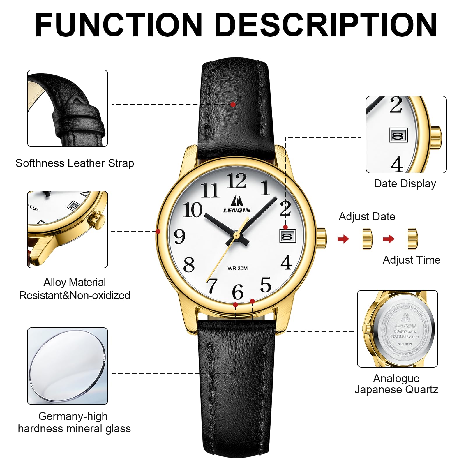 LENQIN Women's Analog Quartz Watch - Waterproof Ladies Wristwatch with Genuine Leather Strap & Luminous Easy-Read Dial | Perfect for Office, Casual Wear & Everyday Use