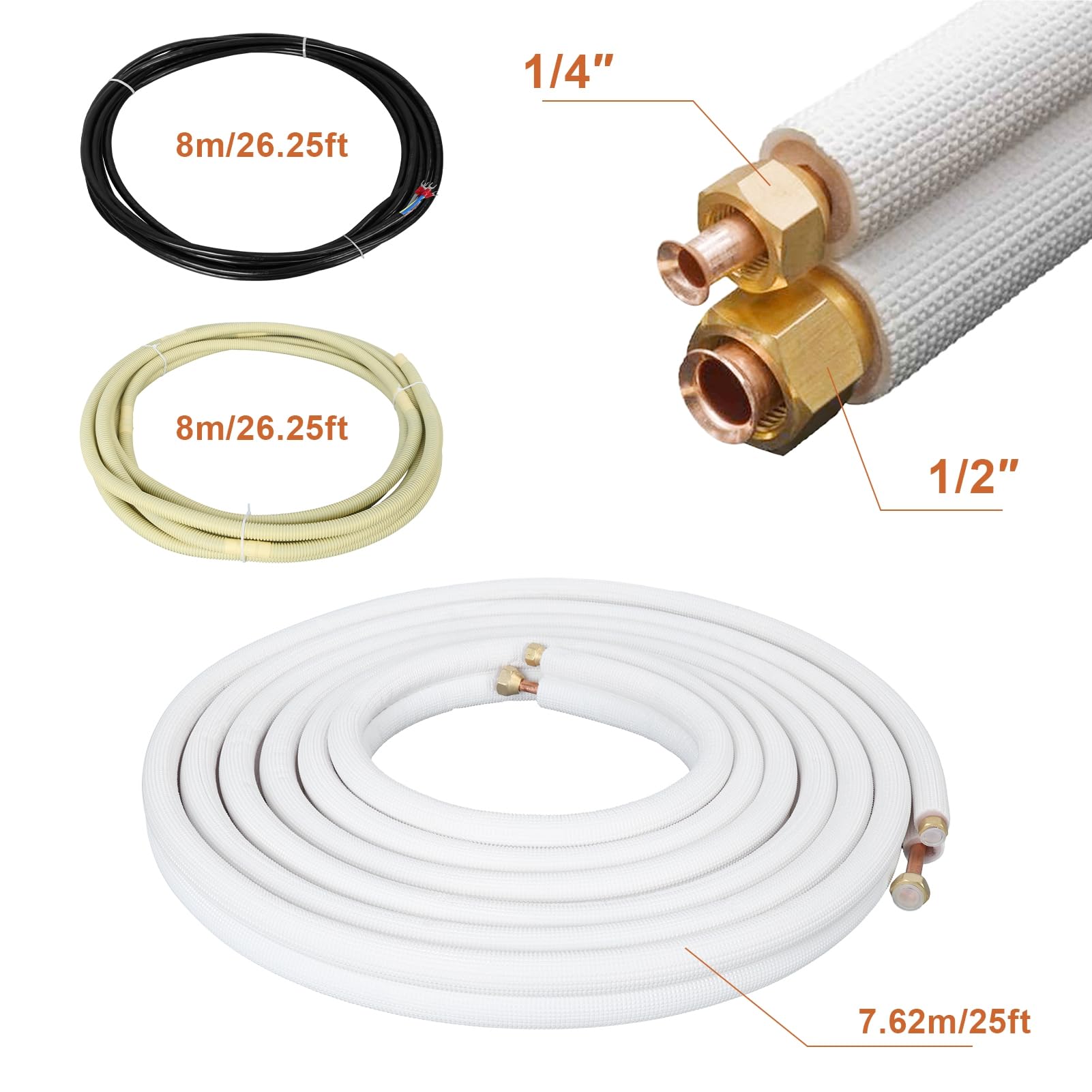 25FT Mini Split AC Line Set for Fixed Frequency 1.5-2 Ton Air Conditioners - 1/4