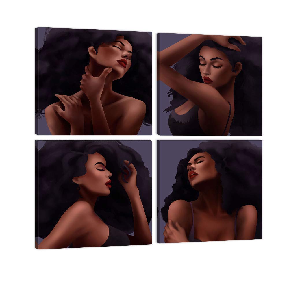 AMEMNY 4-Panel African American Women Abstract Wall Art - Canvas Graffiti Style Painting for Living Room, Bedroom & Bathroom - Stretched & Framed Ready to Hang - 25