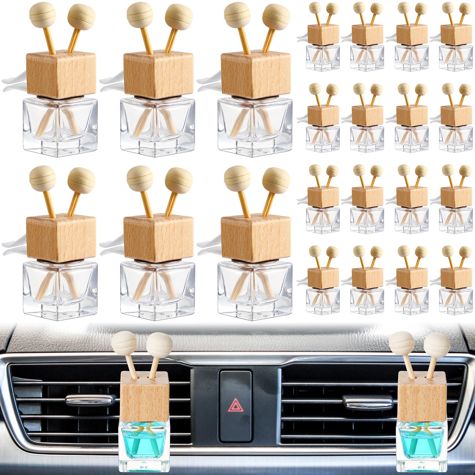Zubebe 200 Pcs 8ml Empty Glass Car Diffuser Bottles with Wooden Cap & Vent Clip - Essential Oil Air Freshener for Auto, Home & Office - Clear Glass Perfume Diffuser for Aromatherapy & Fragrance Decor