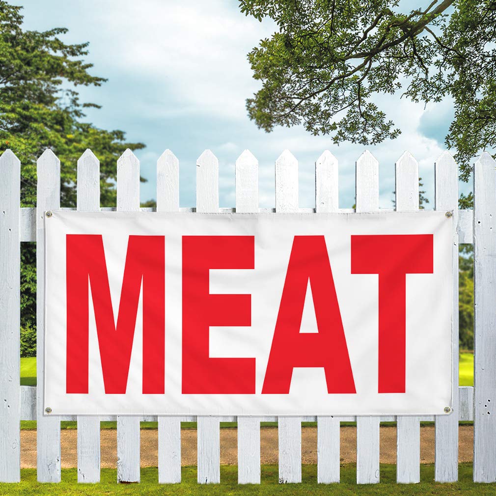 Meat Red Vinyl Banner - Weatherproof Outdoor Restaurant & Food Truck Sign - Multiple Sizes (24x48 Inches) with 4 Grommets - Perfect for Commercial Use, Yard Sales & Industrial Signage