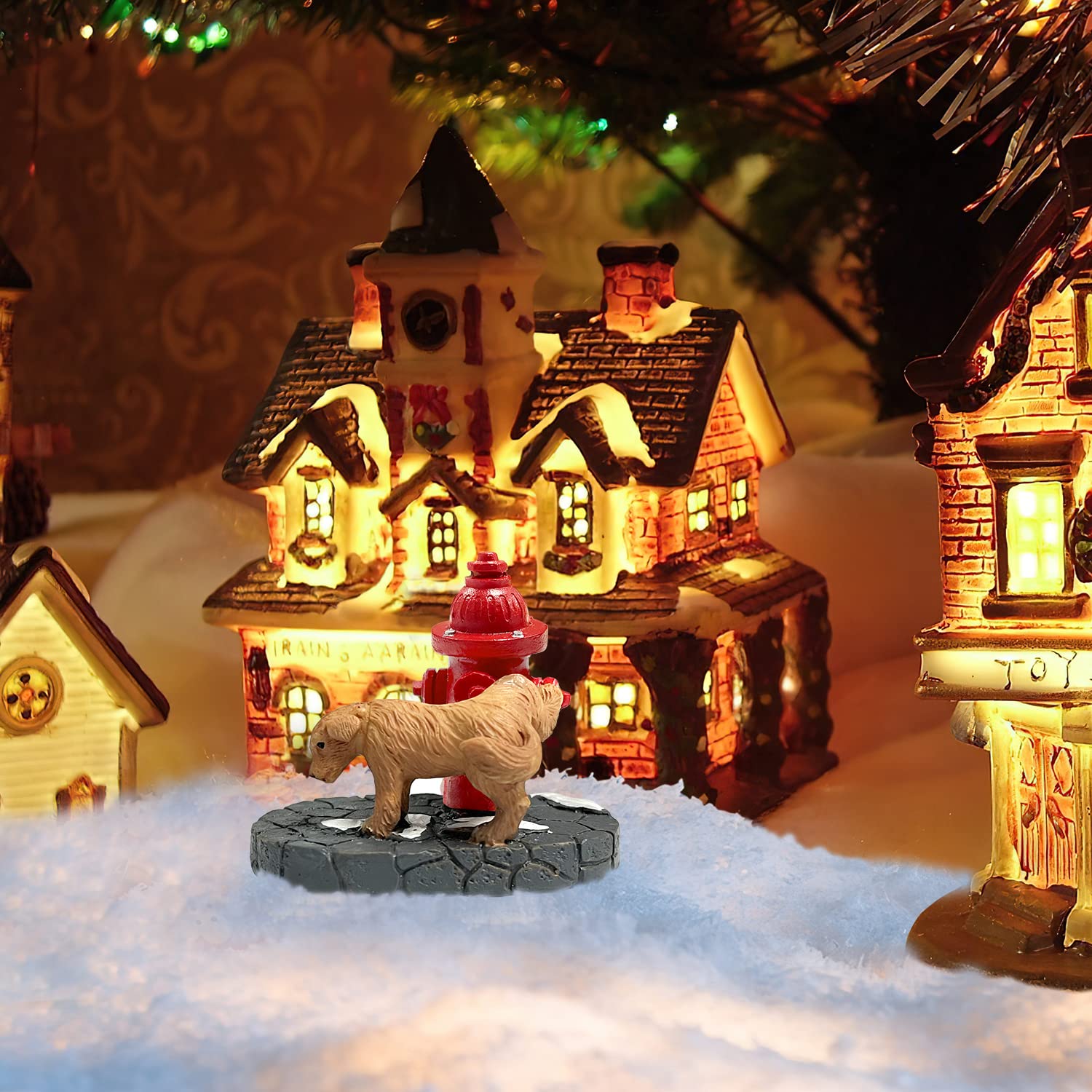 Santa's Dog with Fire Hydrant Resin Statue - Cute Christmas Village Accessories Set for Holiday Snow Village Decor | Perfect for Christmas Tree Ornaments, Mantel Displays & Winter Wonderland Scenes
