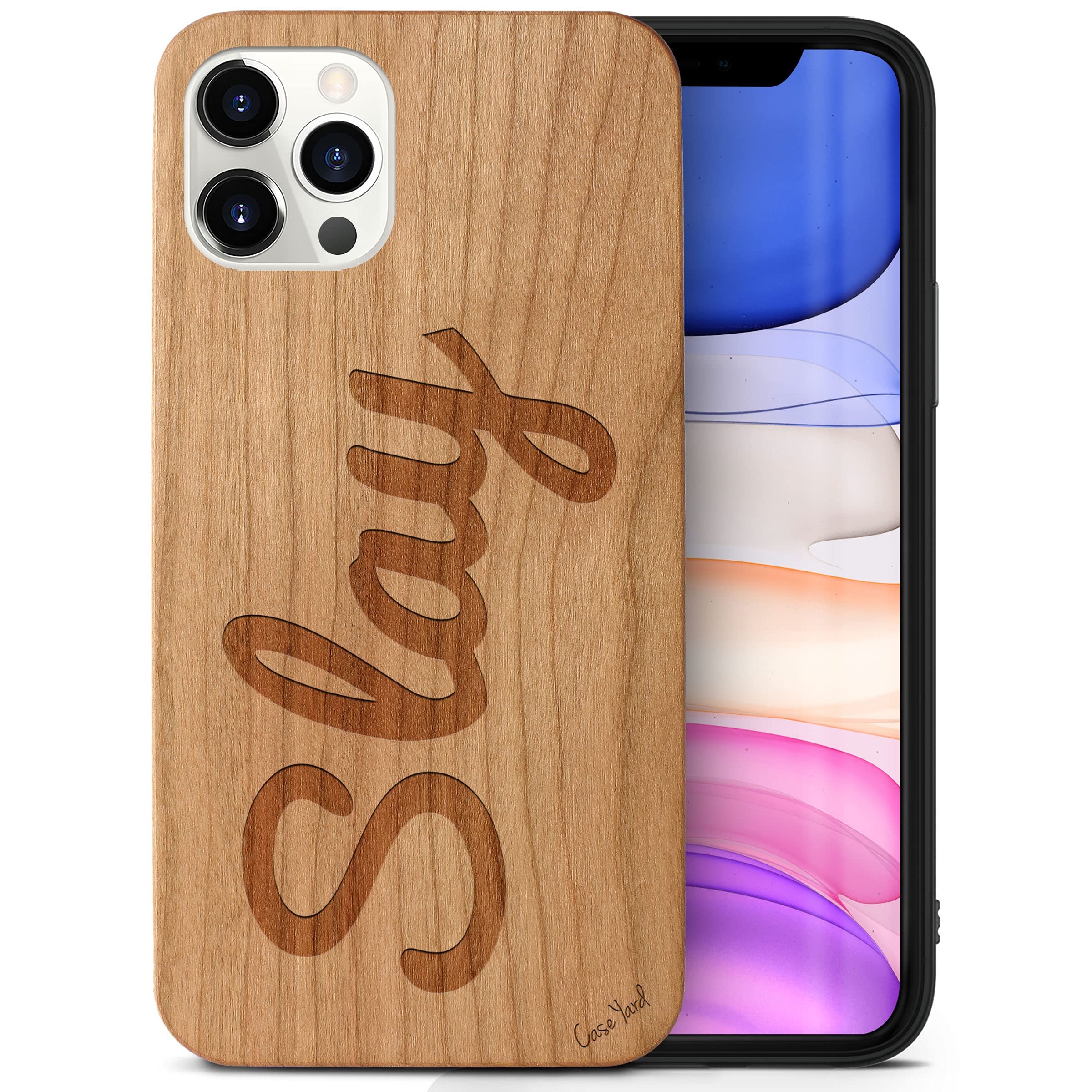 CaseYard Premium Cherry Wood Phone Case for iPhone 12/12 Pro - Laser Engraved Slay Design, Slim Fit Shockproof Protective Cover for Men & Women | Perfect for Everyday Use, Travel & Outdoor Activities