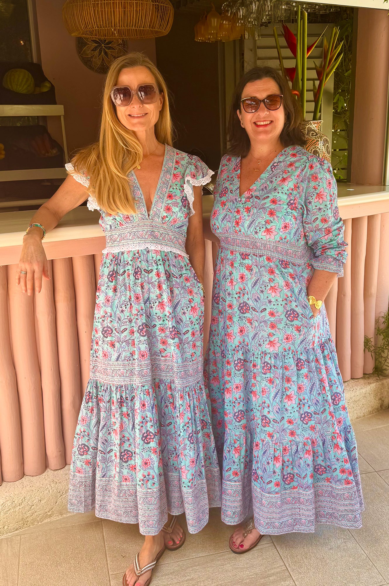 Pippa Block Print Dress - Floral Cotton Maxi Dress in Gardenia Blue & Red | Perfect for Summer Outings, Beach Vacations & Boho Fashion