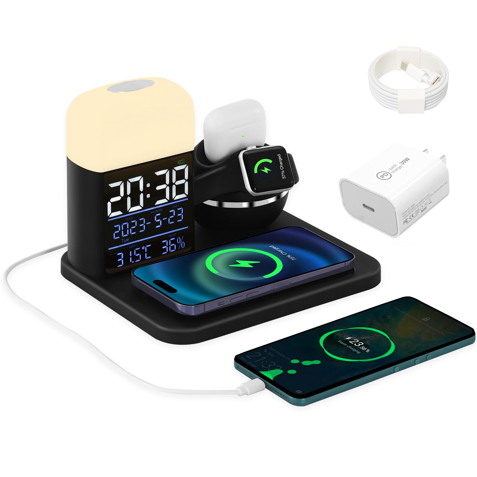 6-in-1 Wireless Charging Station with Alarm Clock & Night Light - Fast Qi Charger for iPhone 14/13/12/11/X, iWatch SE/8/7/6/5/4, AirPods 3/2/1/Pro - Multi-Device Charging Dock for Bedroom, Office & Travel