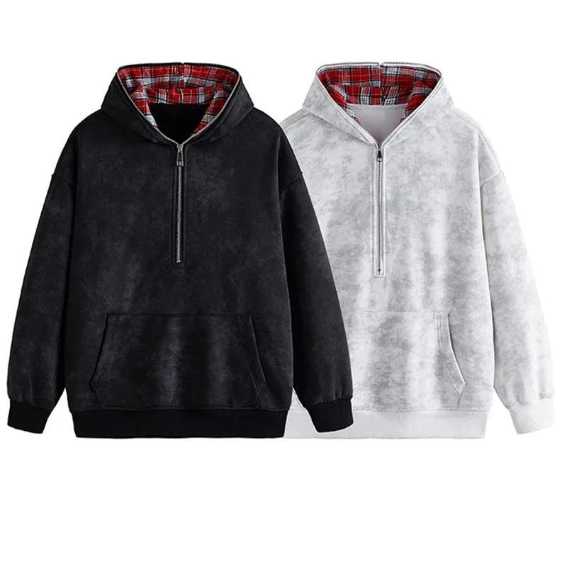 Men's Faux Two-Piece Hoodie - Distressed Plaid Round Neck Thick Casual Pullover Sweatshirt for Winter | Streetwear, Loungewear & Outdoor Activities