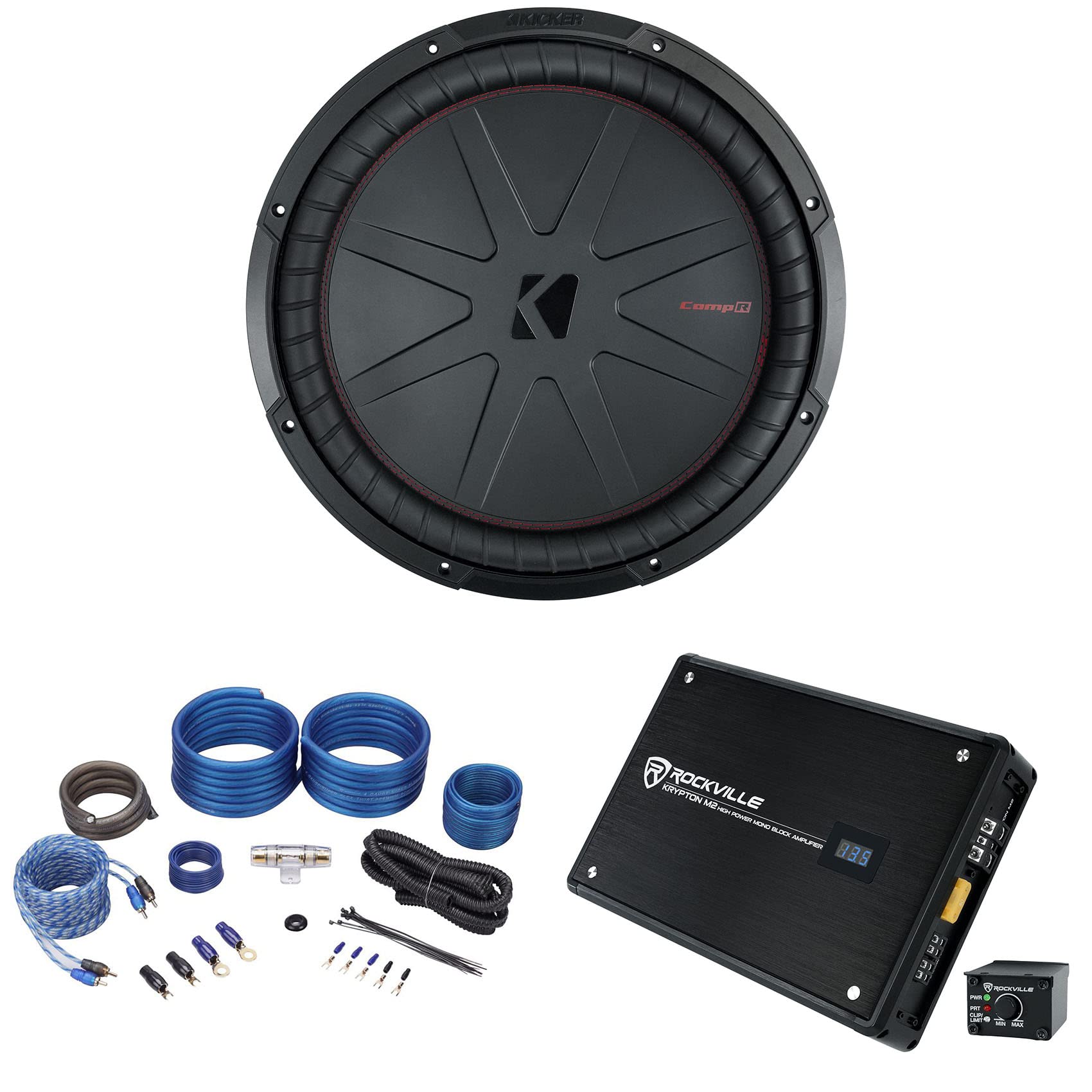 KICKER 48CWR152 COMPR15 15-Inch 1600W Car Subwoofer with Mono Amplifier & Wiring Kit - Powerful Bass for Trucks, SUVs & Car Audio Systems