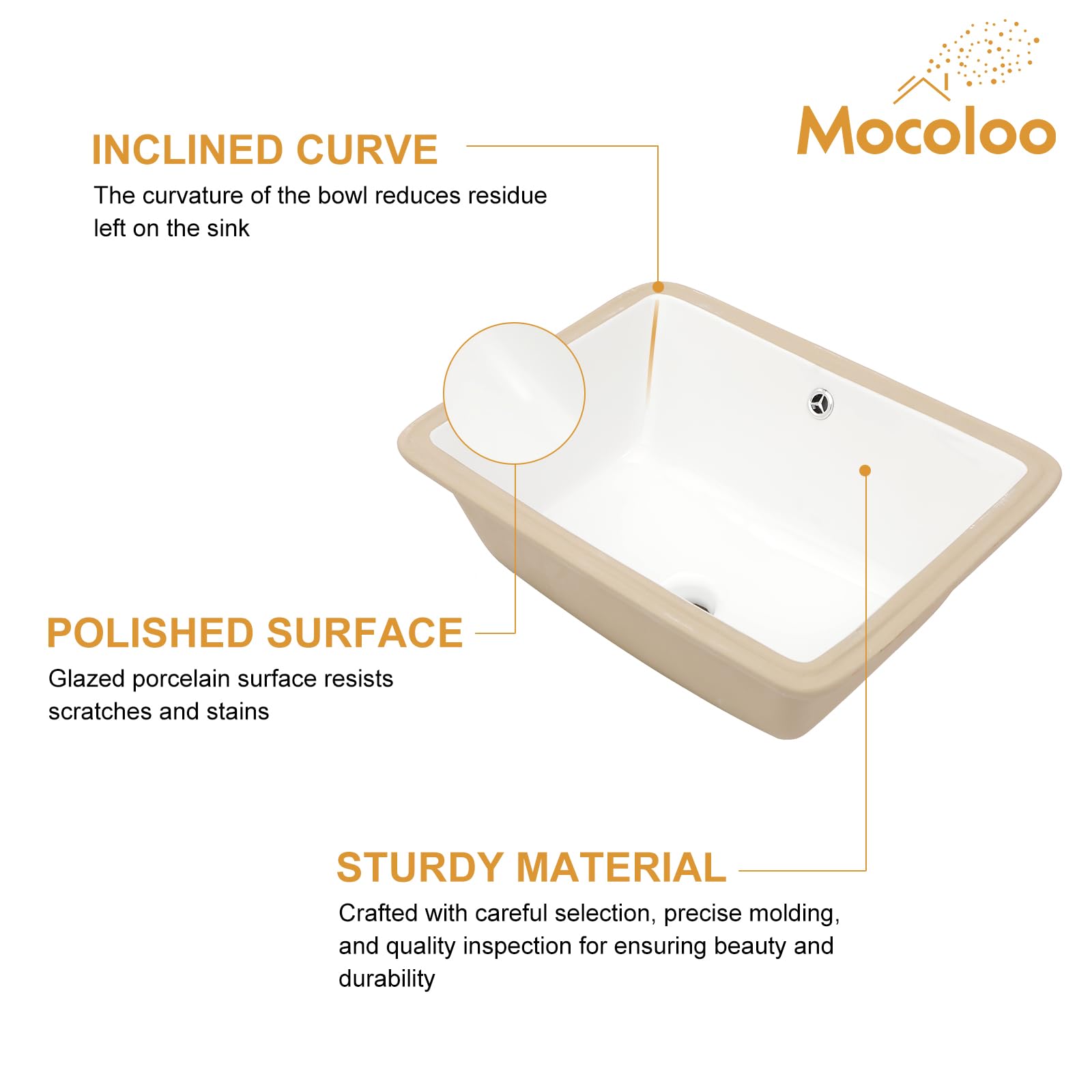 Mocoloo 20x15 Inch Undermount Bathroom Sink - White Porcelain Rectangular Ceramic Vanity Sink with Overflow Drain, 7.5