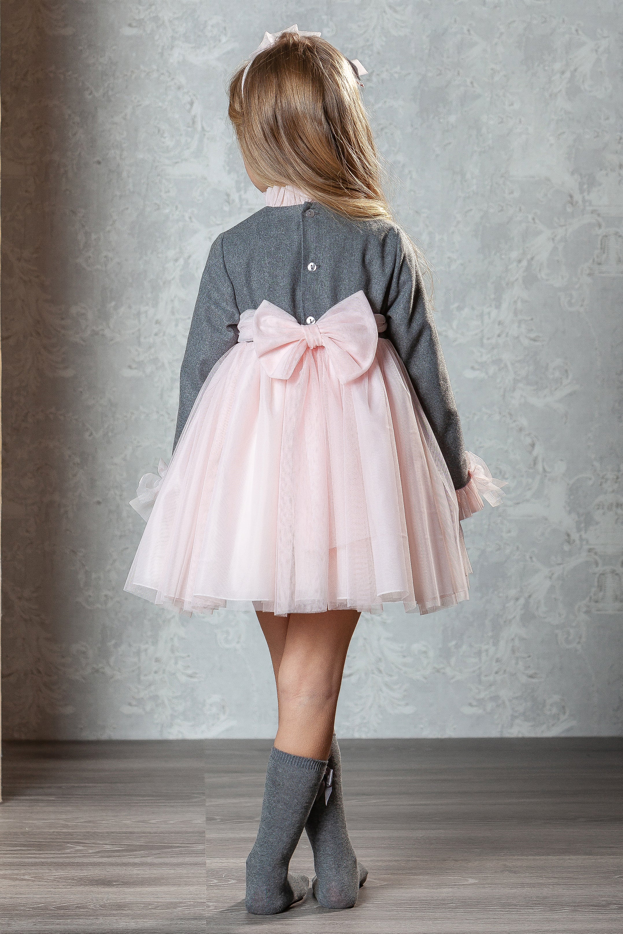 Elegant Vienna Grey & Pink Tulle Dress for Girls - Perfect for Birthday Parties, Pageants & Special Occasions
