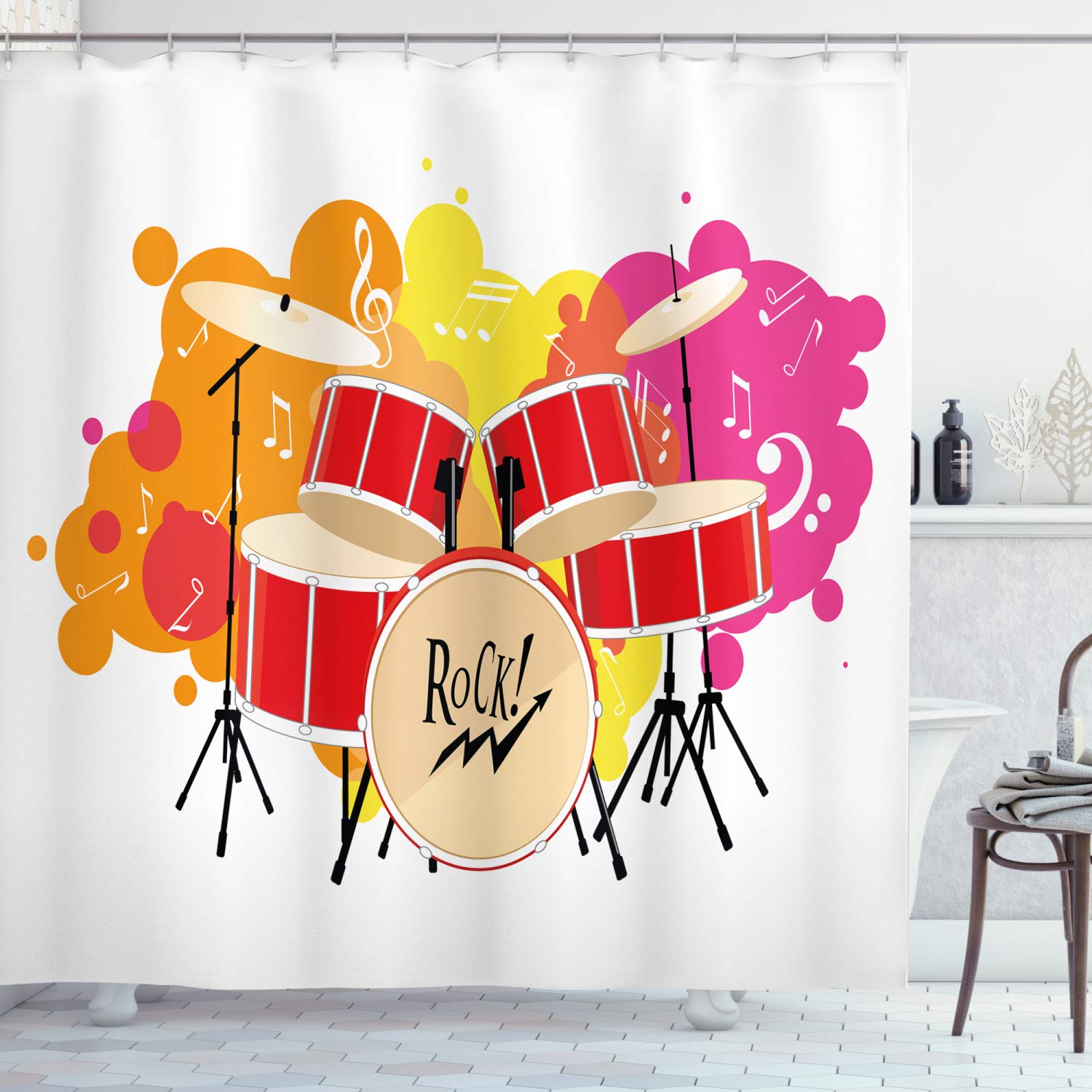 Ambesonne Drums Shower Curtain - Colorful Music Themed Artwork with Ornamental Digital Design, 69