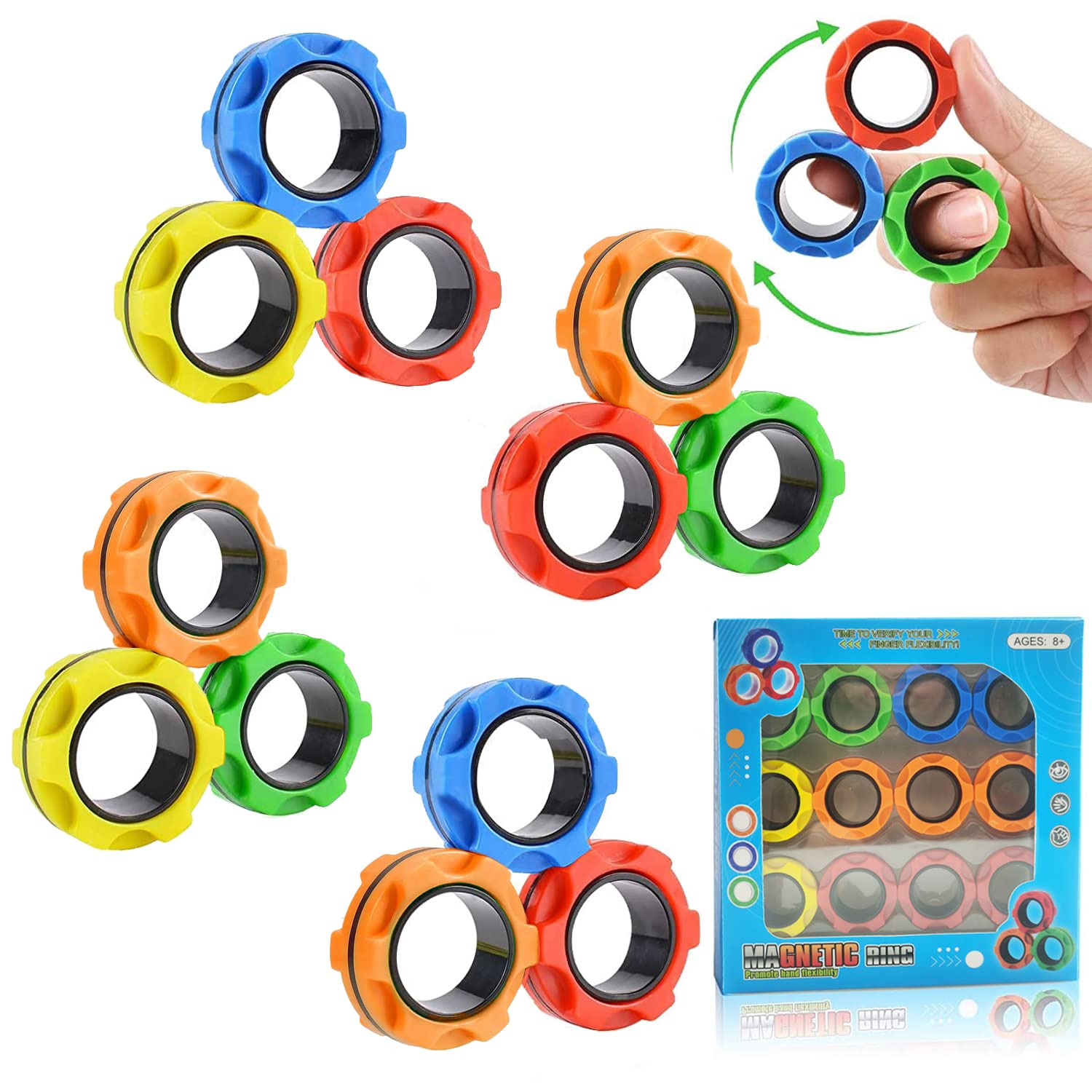 12 Pack Magnetic Fidget Spinner Rings - 4 Colors Stress Relief & Sensory Toys for Adults, Teens & Kids - Perfect for Anxiety Relief, Focus & Classroom Use