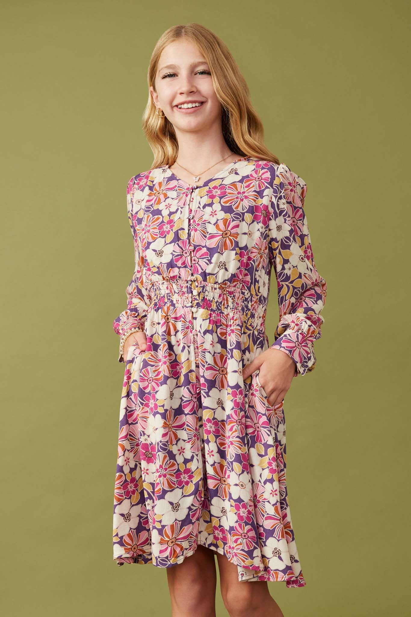 Floral Print Button Up V-Neck Smock Detail Dress for Women | Casual Summer Boho Maxi Dress | Perfect for Beach, Vacation & Outdoor Parties