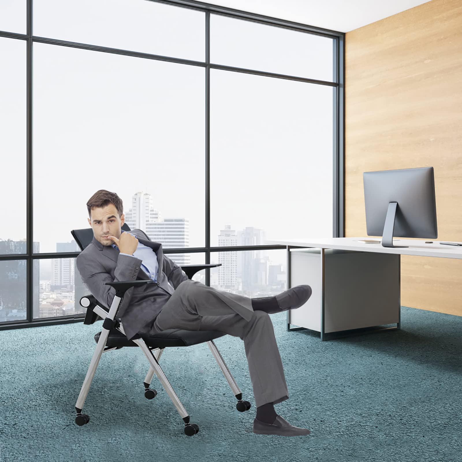 Ergonomic Folding Office Chair with Wheels & Arms - Adjustable Leather Padded Seat for Home & Workspace - Black - Perfect for Small Spaces, Guest Seating & Temporary Workstations