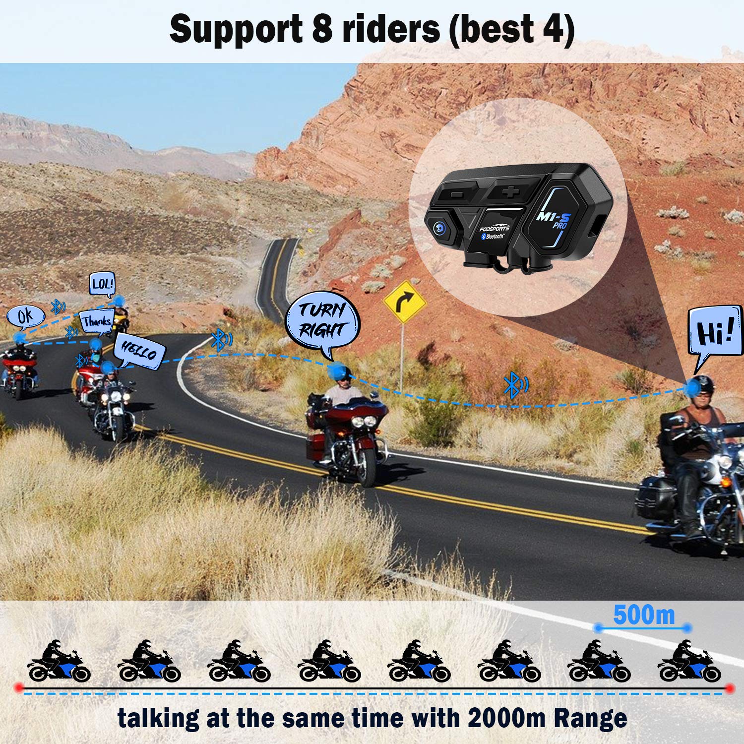 Fodsports M1S Pro Motorcycle Bluetooth Intercom Headset - 2000m Range, 8 Rider Group Chat, Waterproof Helmet Communication System with Music Sharing, GPS Navigation & Hands-Free Calling (2 Pack) - Perfect for Group Rides, Touring & Daily Commuting