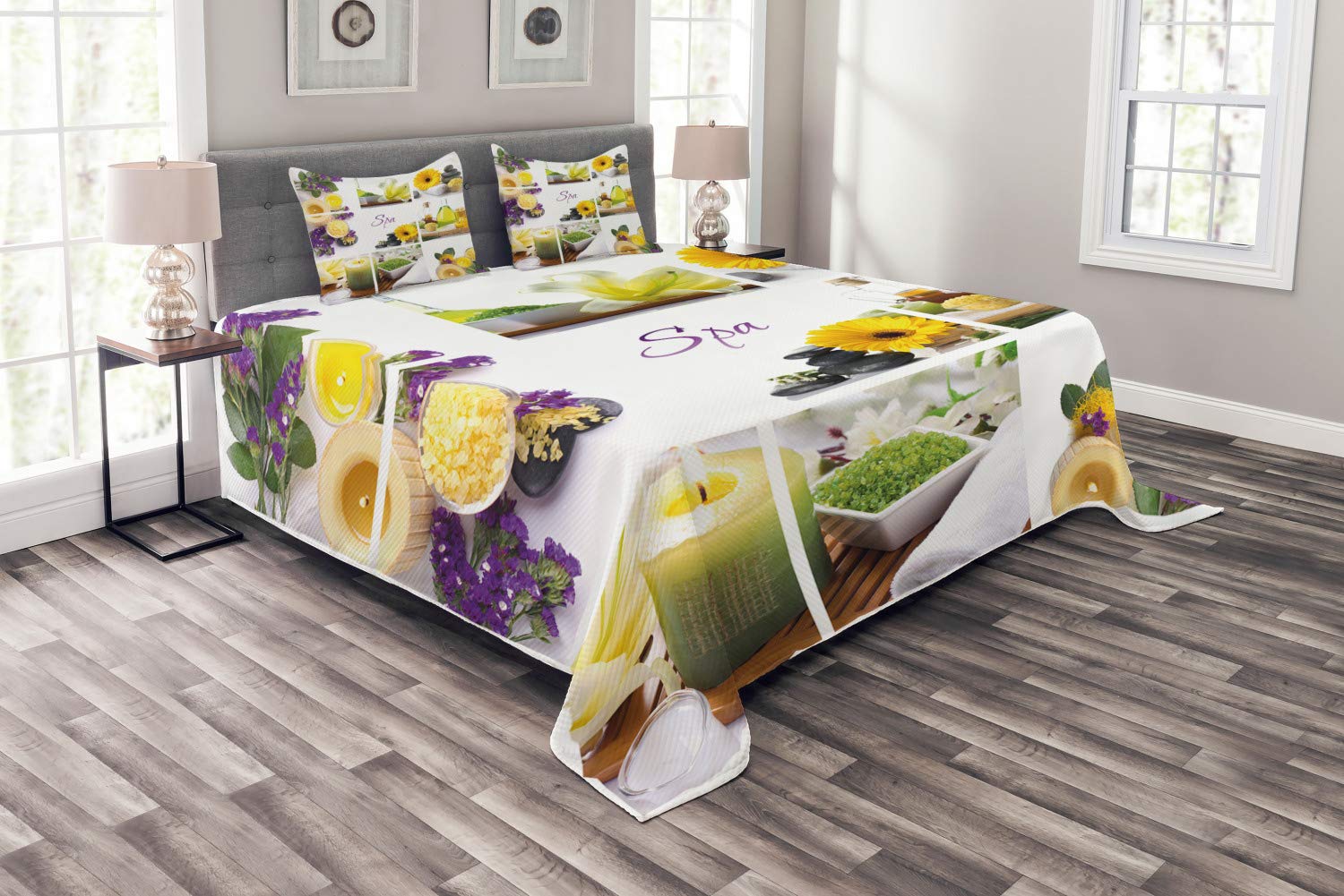 Ambesonne 3-Piece King Size Spa Bedspread Set - Yellow Happy Peaceful Floral Design with Candles & Herbal Oils | Decorative Bedding Coverlet & 2 Pillow Shams in Yellow, Purple & White | Perfect for Spa-Themed Bedrooms, Relaxing Retreats & Gift Giving