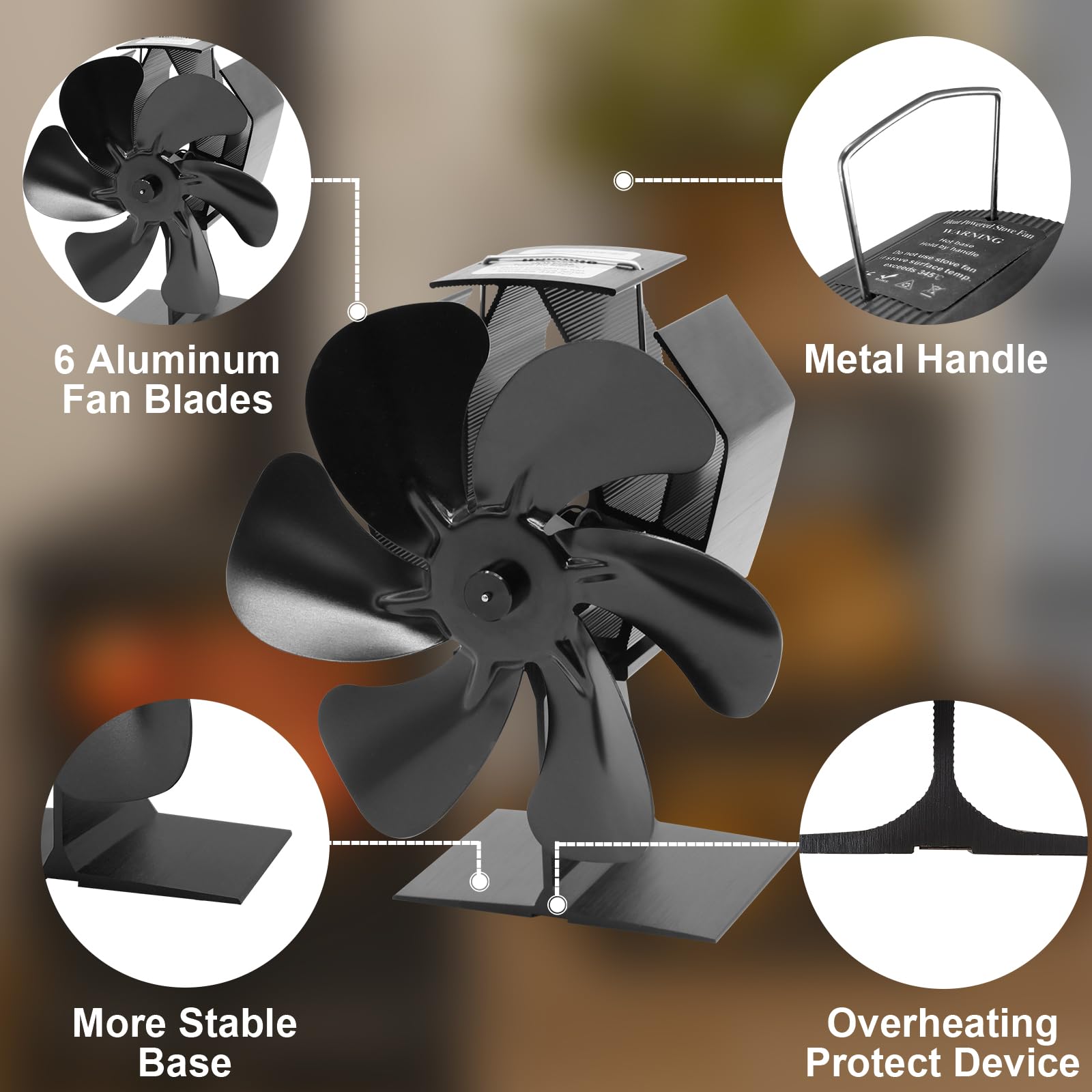 Heat Powered Wood Stove Fan for Buddy Heater & Propane Space Heaters - Adjustable Bracket for Mr. Heater - Efficient Fireplace Fan for Indoor/Outdoor Camping, RV & Home Heating Use